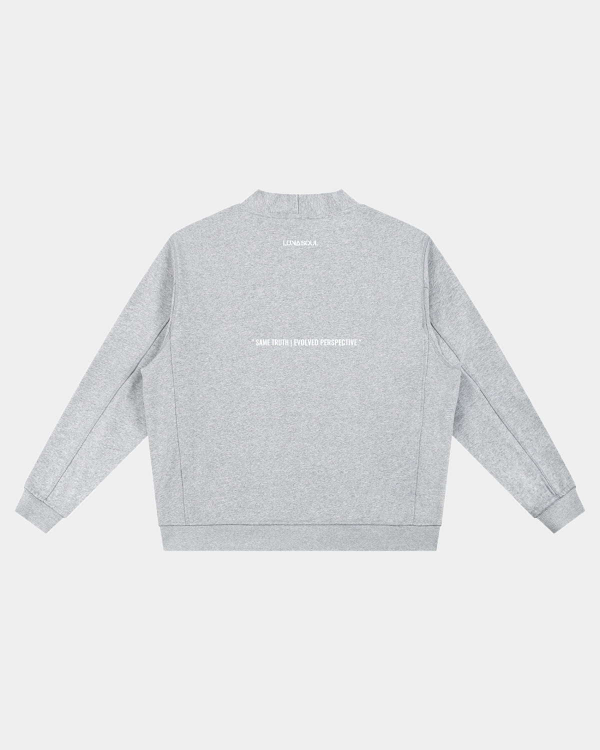 Luna Soul Same Truth Cardigan back view heavyweight black streetwear. Close-up detail of heavyweight grey 450gsm cotton fabric texture and premium matte buttons.