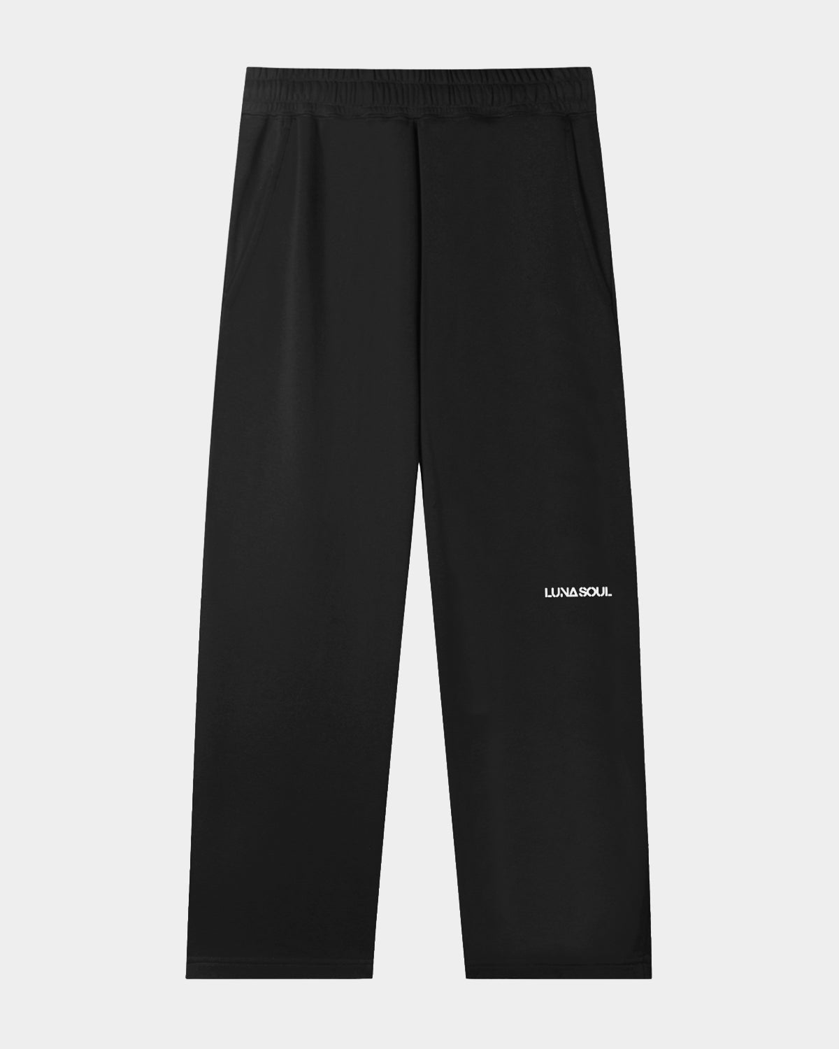 Luna Soul Black Unisex Straight-Leg sweatpants with a discreet LUNA SOUL logo. 320gsm fabric weight and cotton-blend durability.