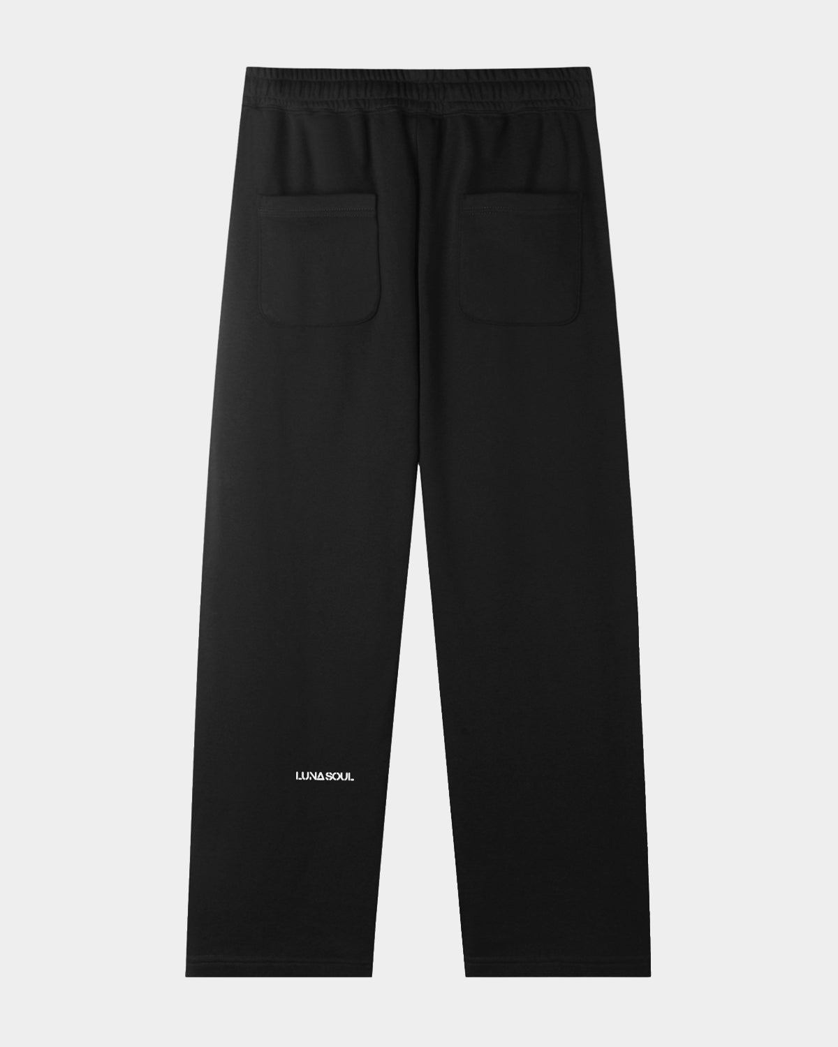 Luna Soul Black Unisex Straight-Leg sweatpants with a discreet LUNA SOUL logo. 320gsm fabric weight and cotton-blend durability. Back Pocket