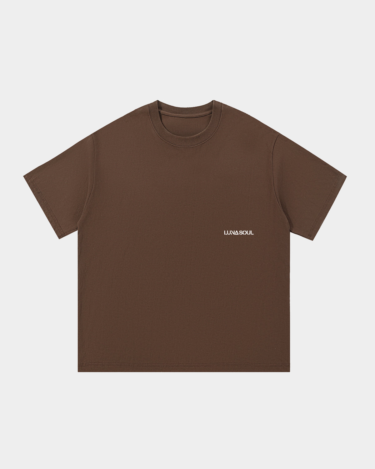Luna Soul Brown Unisex Same Truth Tee, 260gsm heavyweight with a minimal front view, featuring a small white logo on the background, made from cotton fabric, and perfect for streetwear. Close-up detail of high crew neckline and premium cotton fabric.