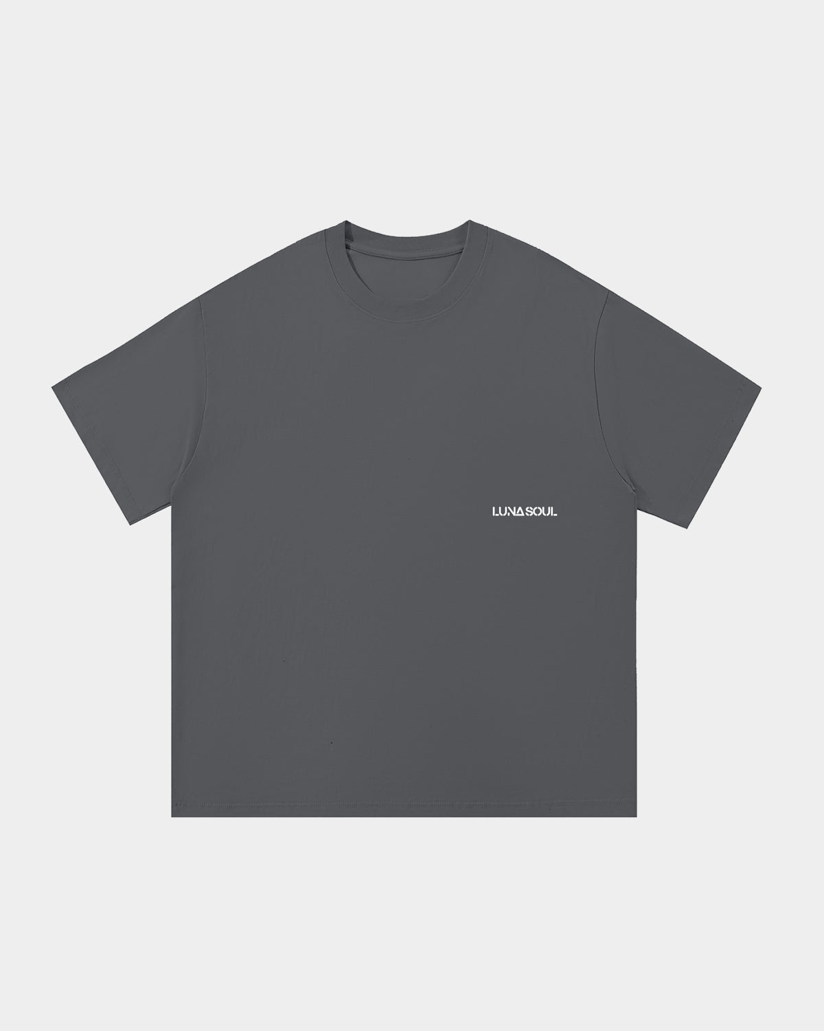 Luna Soul Grey Unisex Same Truth Tee, 260gsm heavyweight with a minimal front view, featuring a small white logo on the background, made from cotton fabric, and perfect for streetwear. Close-up detail of high crew neckline and premium cotton fabric.