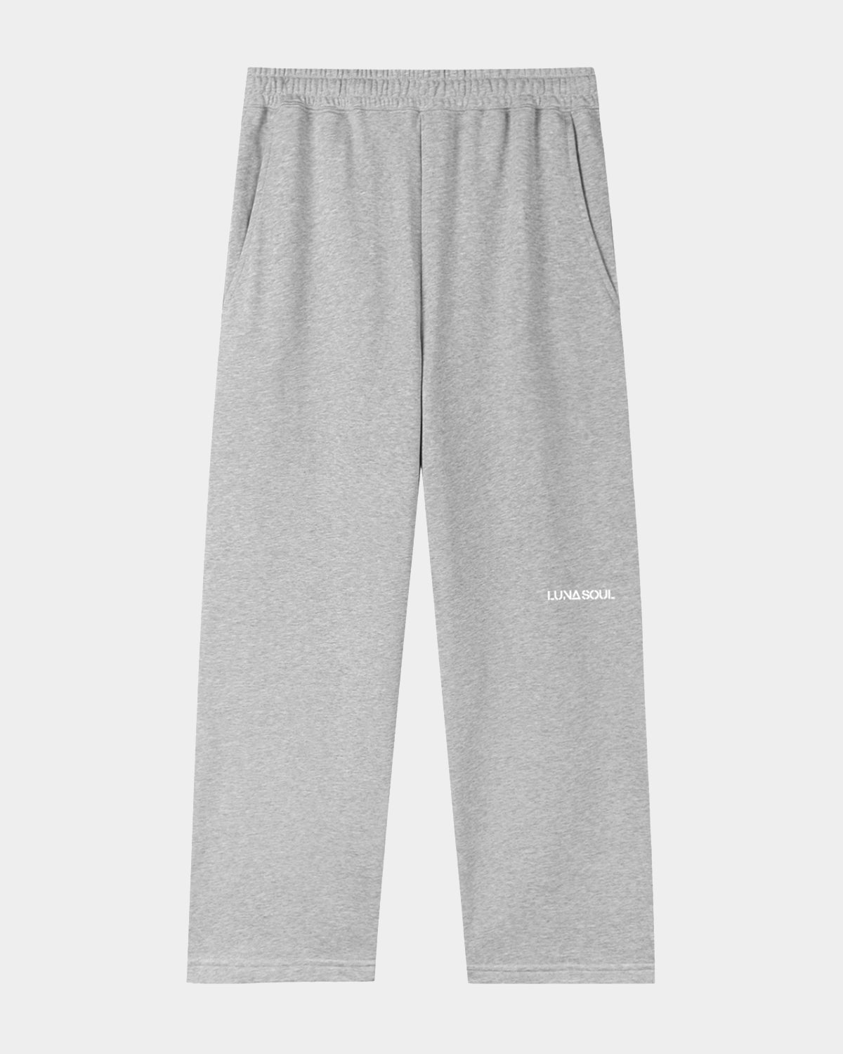 Luna Soul Grey Unisex Straight-Leg sweatpants with a discreet LUNA SOUL logo. 320gsm fabric weight and cotton-blend durability.