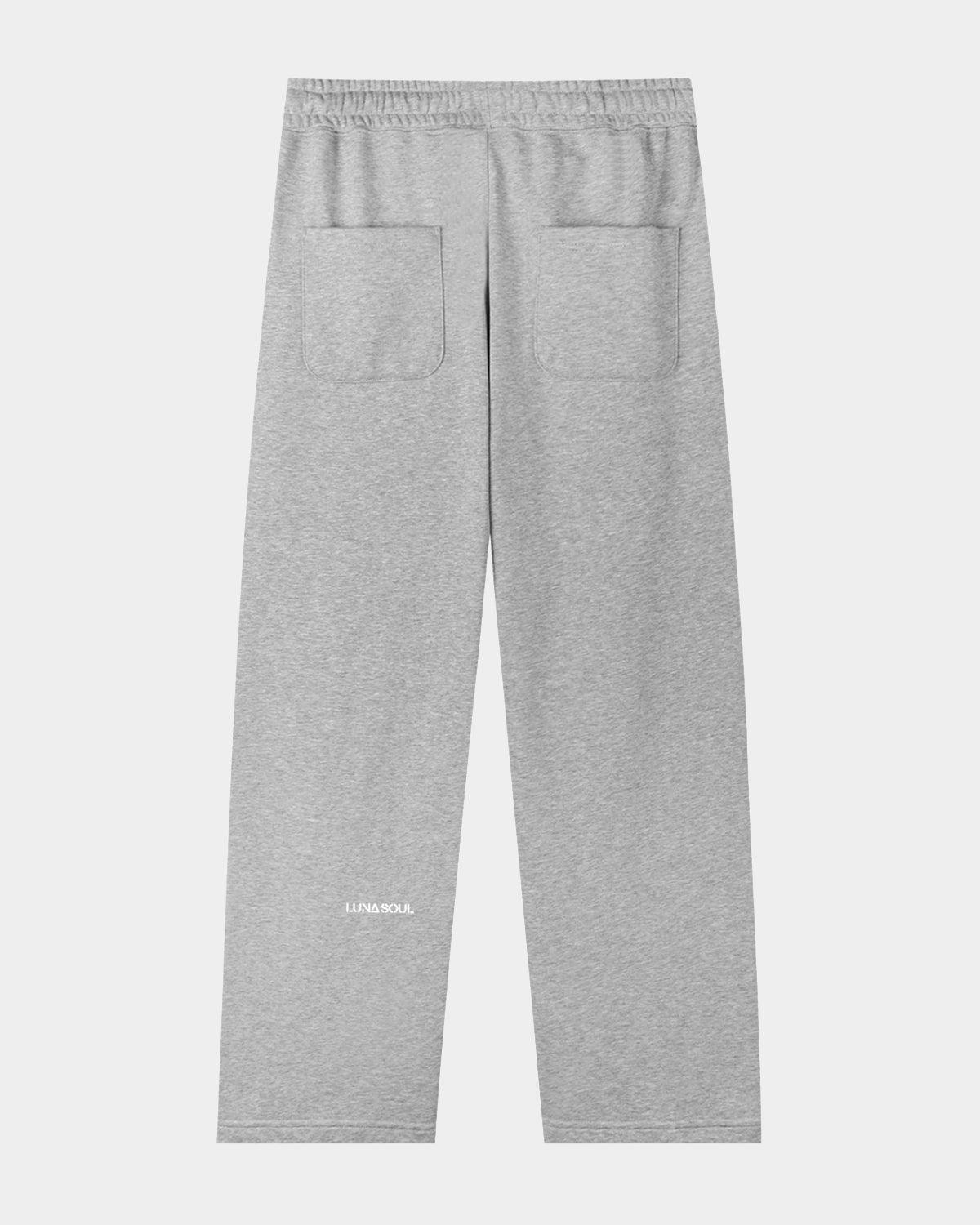 Luna Soul Grey Unisex Straight-Leg sweatpants with a discreet LUNA SOUL logo. 320gsm fabric weight and cotton-blend durability. Back Pocket