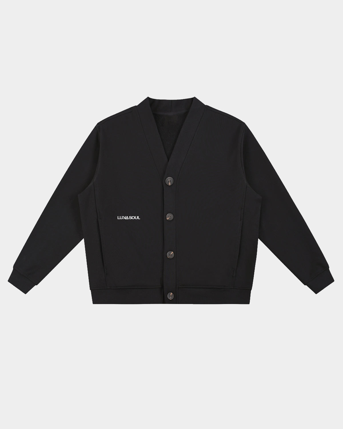 Luna Soul Same Truth Cardigan front view heavyweight black streetwear. Close-up detail of heavyweight black 450gsm cotton fabric texture and premium matte buttons.
