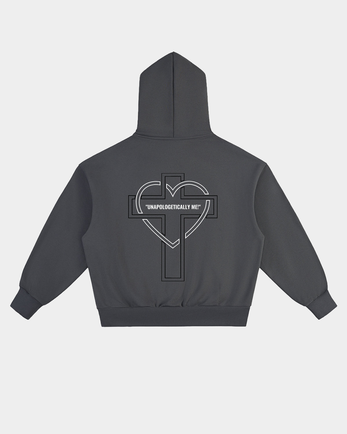 Luna Soul Unisex Unapologetic Hoodie Graphite Shadow dark grey back v 500gsm heavyweight with minimal front view, small print white logo on a white background, cotton fleece fabric texture.