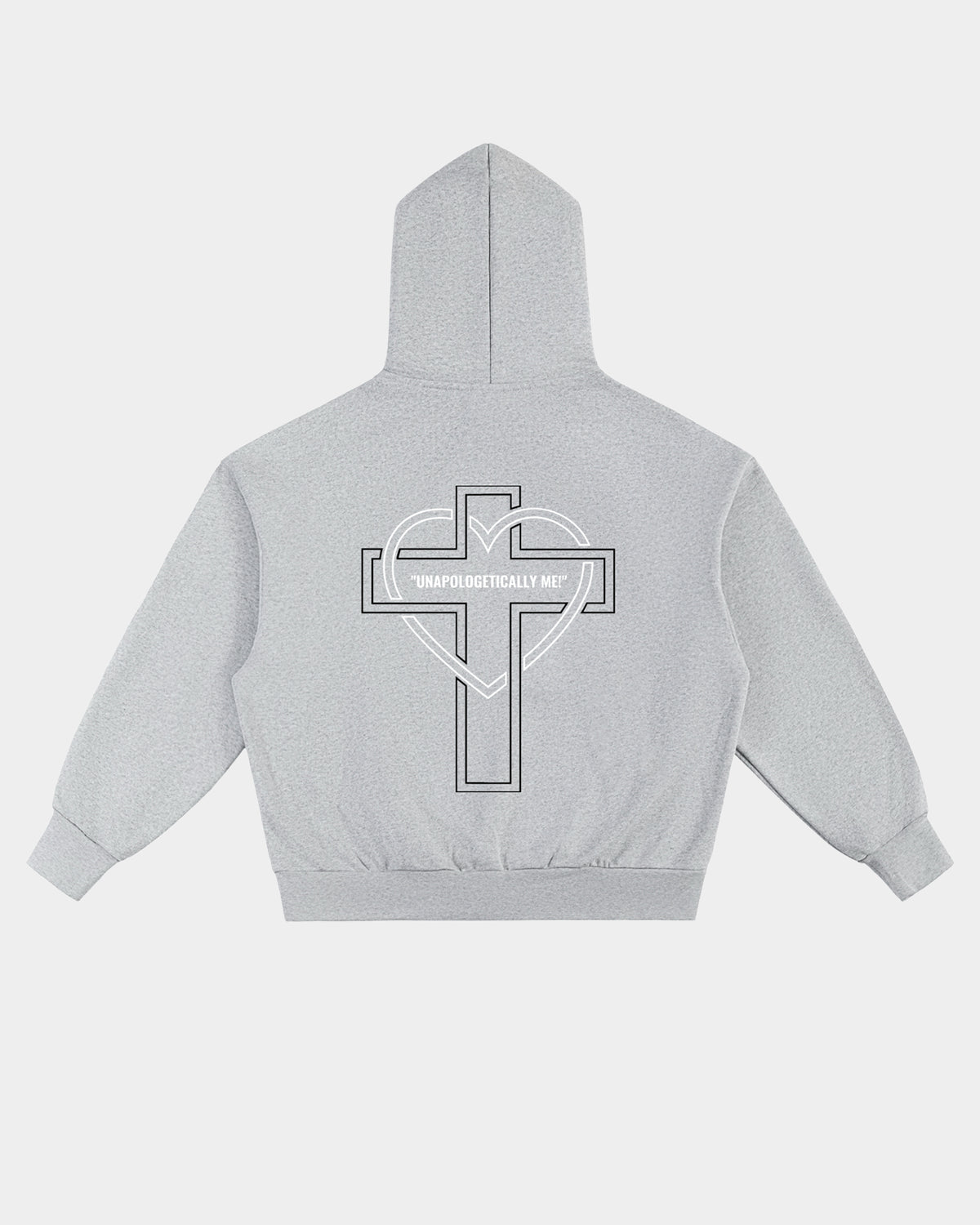 Luna Soul Unisex Unapologetic Hoodie Stone Melange 500gsm heavyweight with white geometric heart cross print back view, small print white logo on a white background, cotton fleece fabric texture.