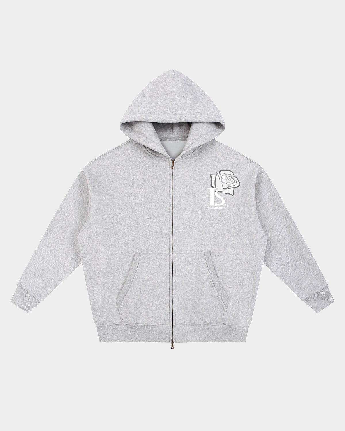 Luna Soul Unisex Inner Soul Zip Hoodie Stone Melange light grey dual zip streetwear with large stylised rose graphic design. 345gsm