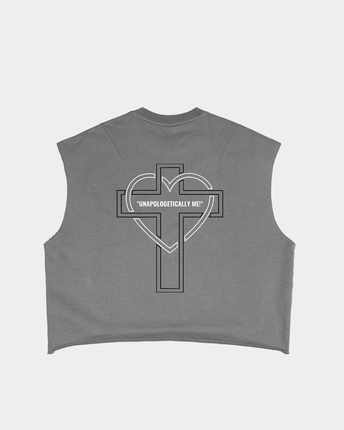 Luna Soul Unisex Unapologetic Boxy Tank top structured fit unisex Shadow dark grey 340gsm heavyweight back view with white geometric heart cross print. cotton fleece fabric texture. Close-up detail of high crew neckline and premium mid-weight dark grey cotton fabric.