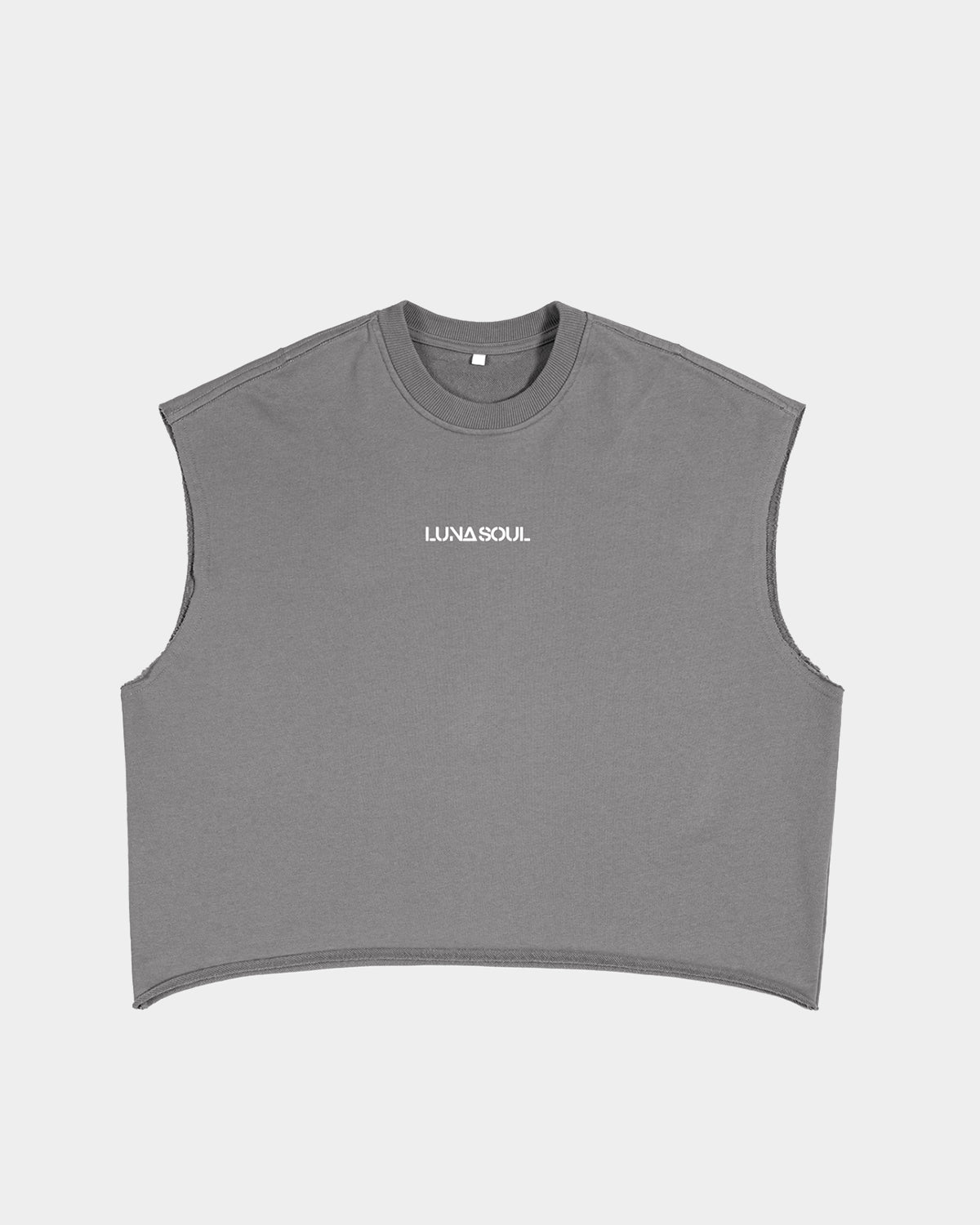 Luna Soul Unisex Unapologetic Boxy Tank top structured fit unisex Shadow dark grey 340gsm heavyweight with minimal front view, small print white logo on a white background, cotton fleece fabric texture. Close-up detail of high crew neckline and premium mid-weight dark grey cotton fabric.