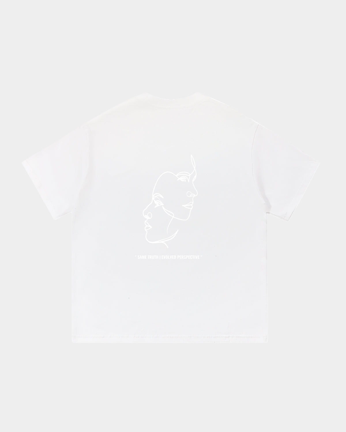 Luna Soul White Unisex Same Truth Tee, 260gsm heavyweight with a minimal front view, featuring an art design of two faces intertwining in white Same Truth Evolved Perspective quote print. Made from cotton fabric, and perfect for streetwear. Close-up detail of high crew neckline and premium mid-weight white cotton fabric.