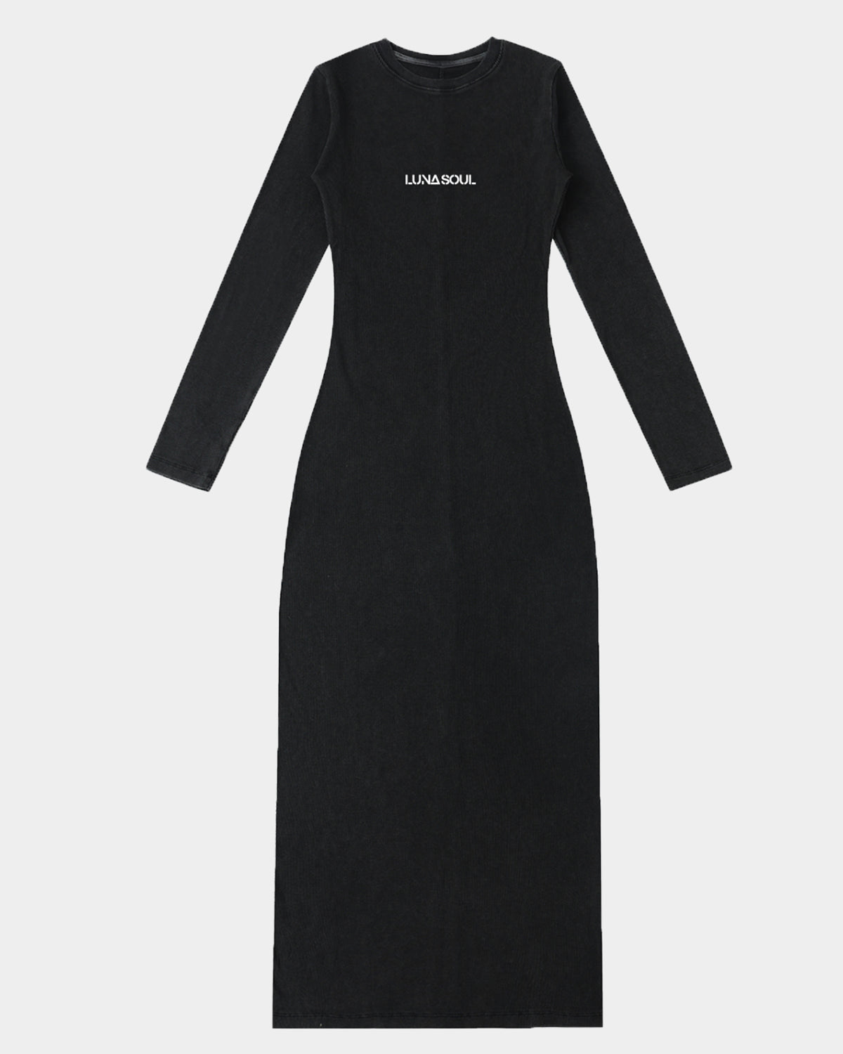 The Quiet Muse Maxi Dress by Luna Soul is a long-sleeve bodycon maxi dress in black featuring a minimalist, discreet LUNA SOUL primary logo, placed with restraint to preserve the clean silhouette and uninterrupted lines of the dress. 275gsm