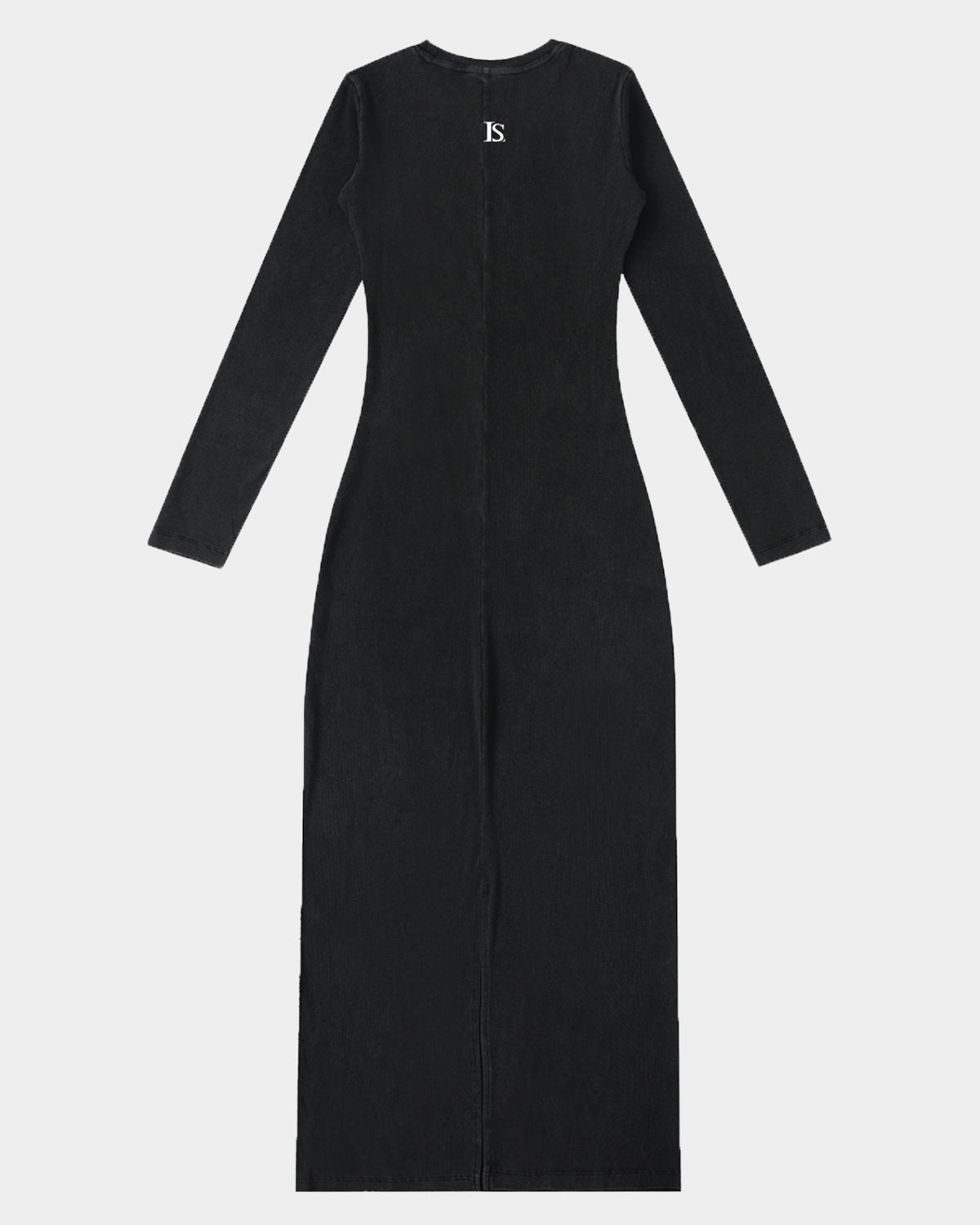 The Quiet Muse Maxi Dress by Luna Soul is a long-sleeve bodycon maxi dress in black featuring the LS monogram and a streamlined bodycon fit. 275gsm