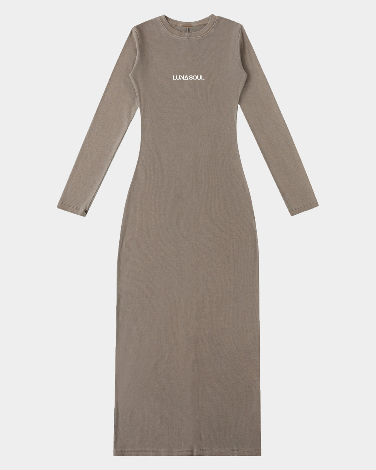 The Quiet Muse Maxi Dress by Luna Soul is a long-sleeve bodycon maxi dress in brown featuring a minimalist, discreet LUNA SOUL primary logo, placed with restraint to preserve the clean silhouette and uninterrupted lines of the dress. 275gsm