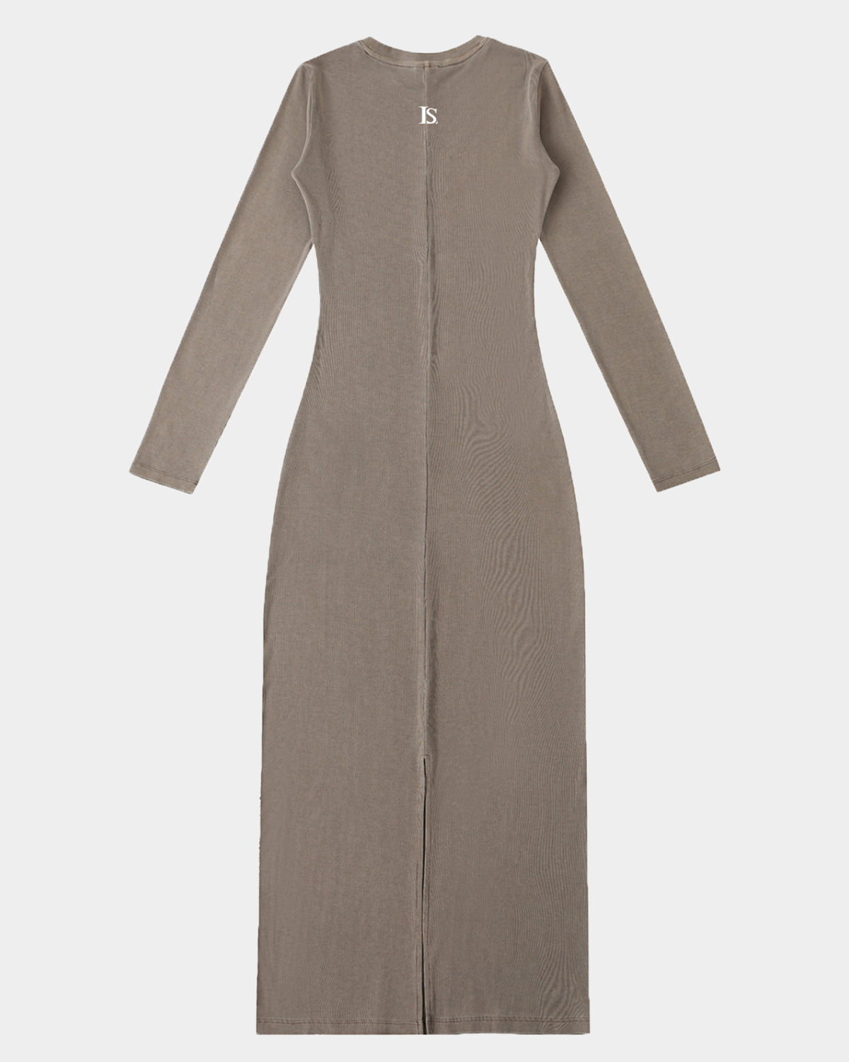 The Quiet Muse Maxi Dress by Luna Soul is a long-sleeve bodycon maxi dress in brown featuring the LS monogram and a streamlined bodycon fit. 275gsm