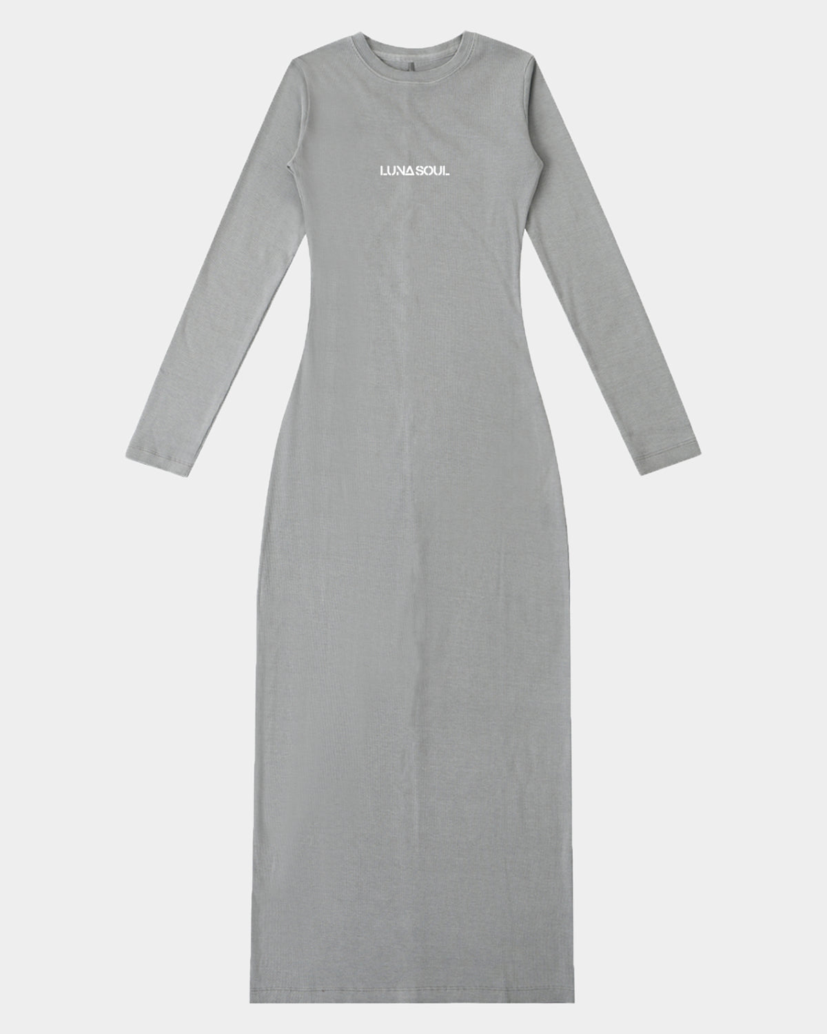 The Quiet Muse Maxi Dress by Luna Soul is a long-sleeve bodycon maxi dress in light grey featuring a minimalist, discreet LUNA SOUL primary logo, placed with restraint to preserve the clean silhouette and uninterrupted lines of the dress. 275gsm
