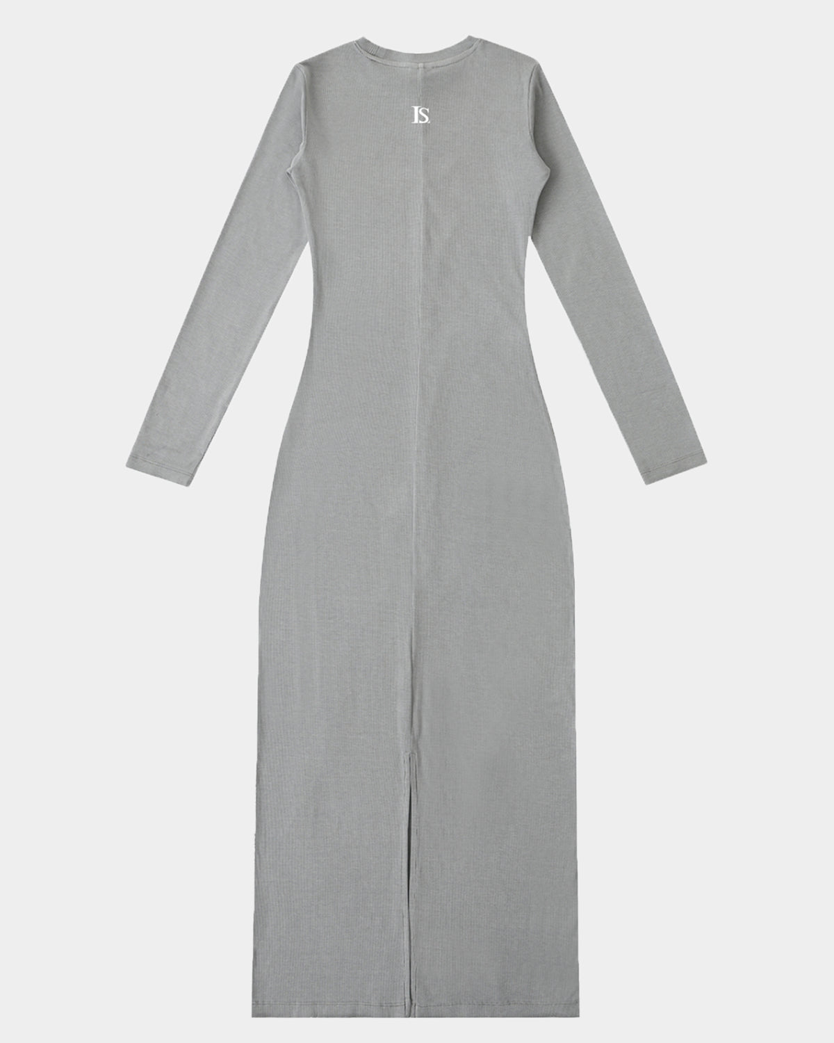 The Quiet Muse Maxi Dress by Luna Soul is a long-sleeve bodycon maxi dress in light grey featuring the LS monogram and a streamlined bodycon fit. 275gsm
