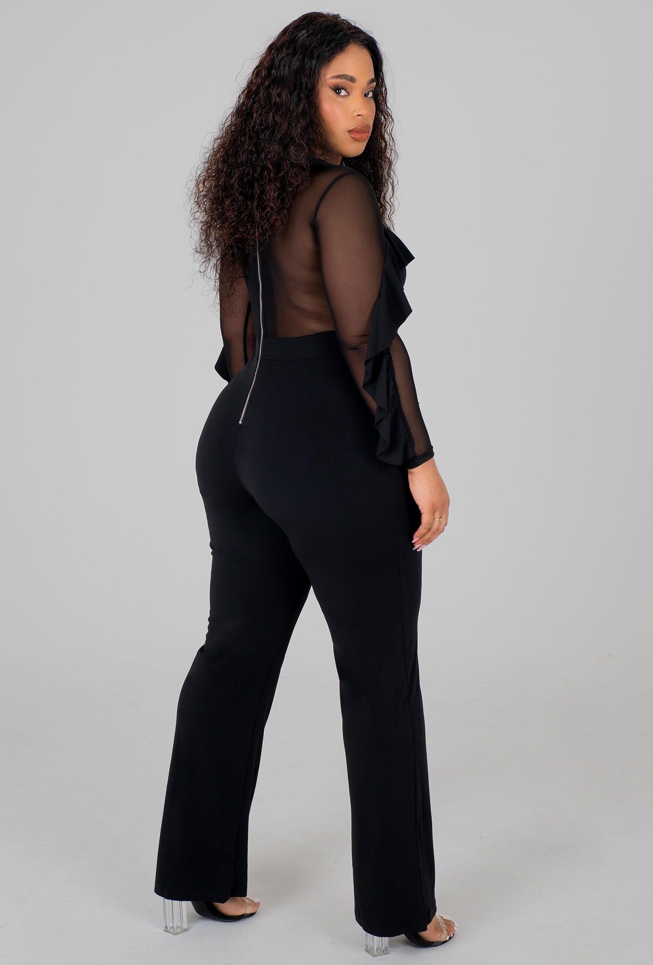 MESH PATCHWORK JUMPSUIT - BLACK
