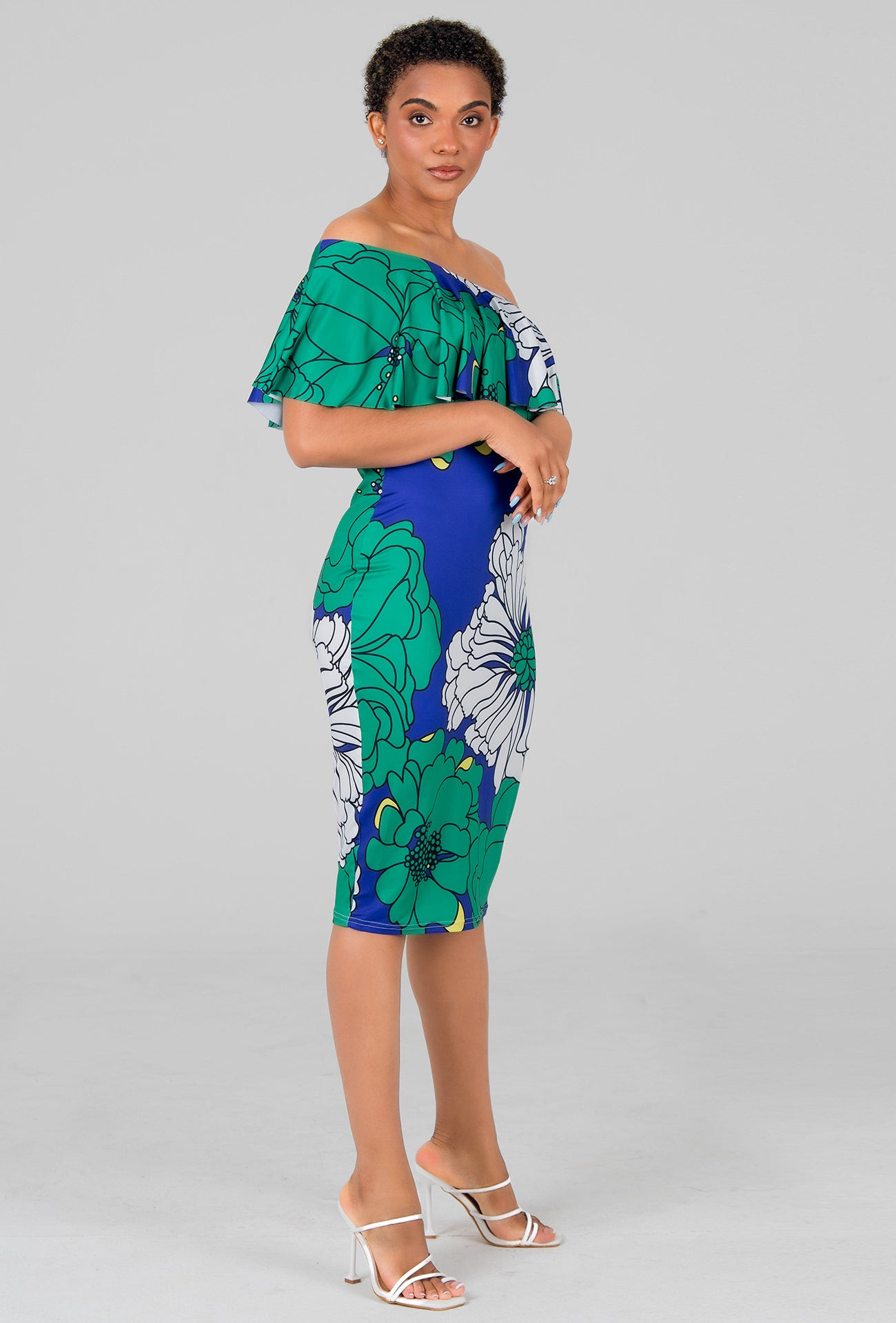 SINGLE SHOULDER FLORAL DRESS - GREEN