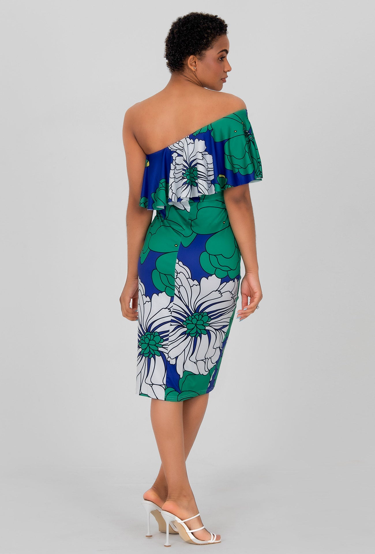 SINGLE SHOULDER FLORAL DRESS - GREEN