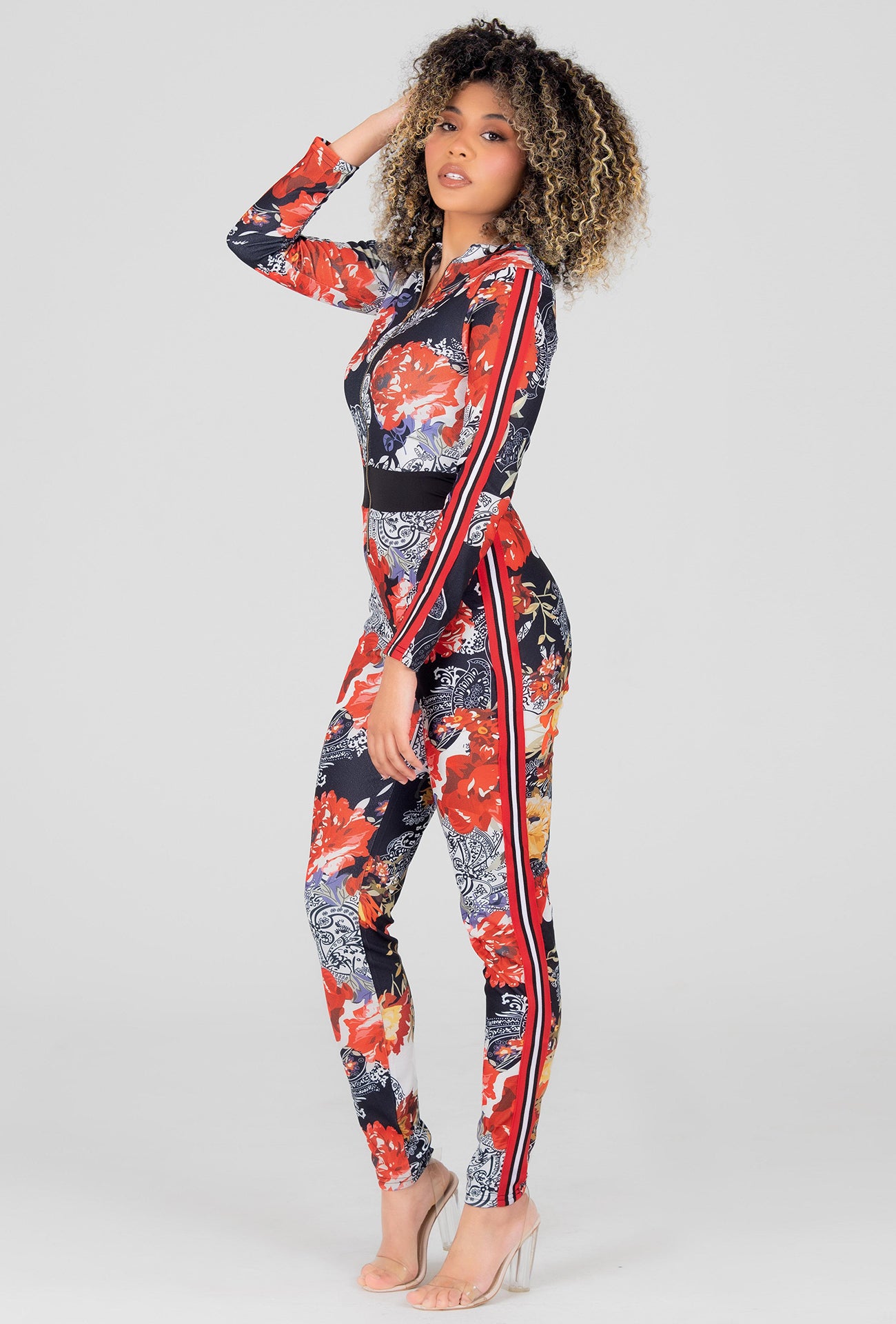 FLOWERET PRINT FRONT ZIP JUMPSUIT - RED