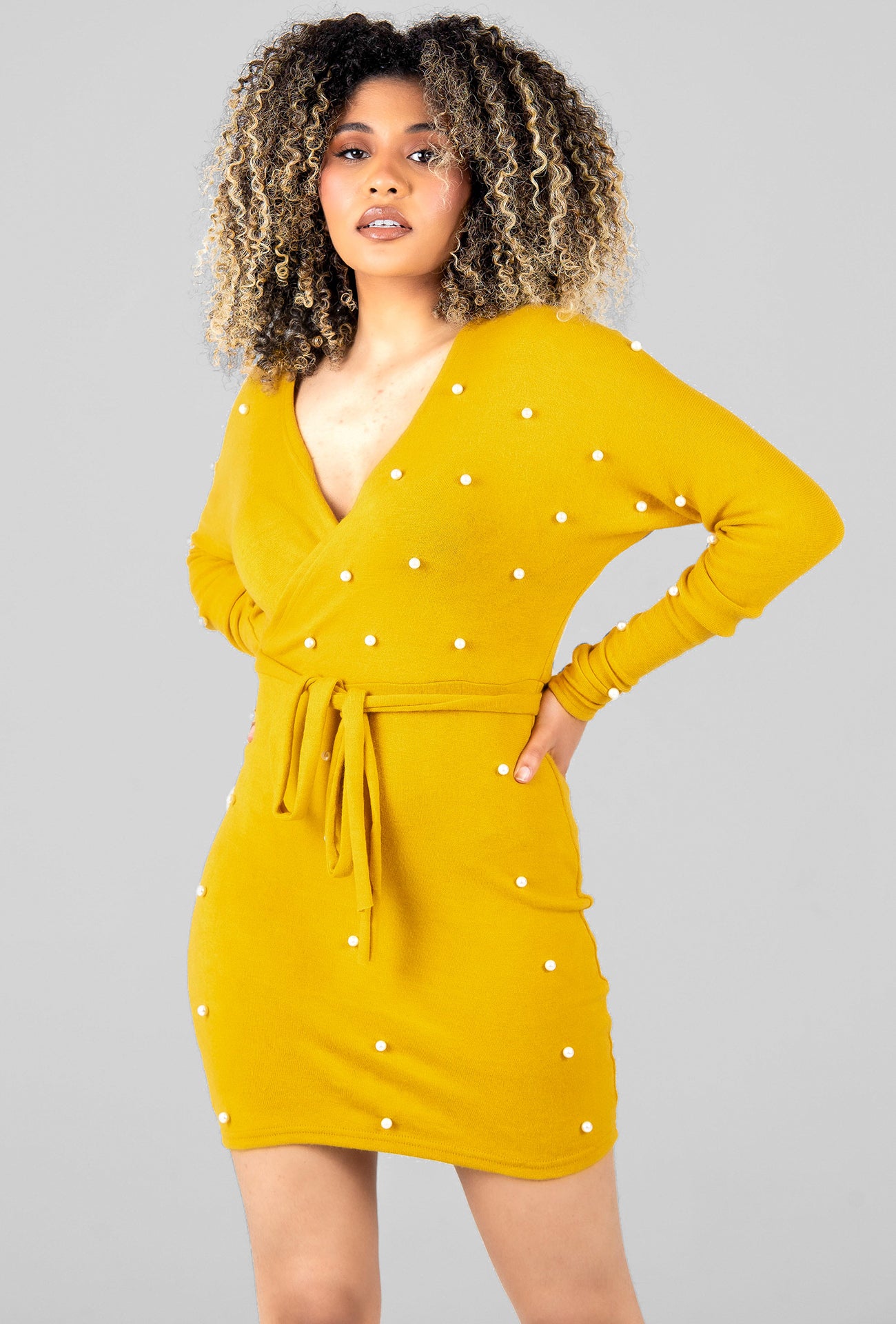 PEARL EMBELLISHED JUMPER DRESS - MUSTARD