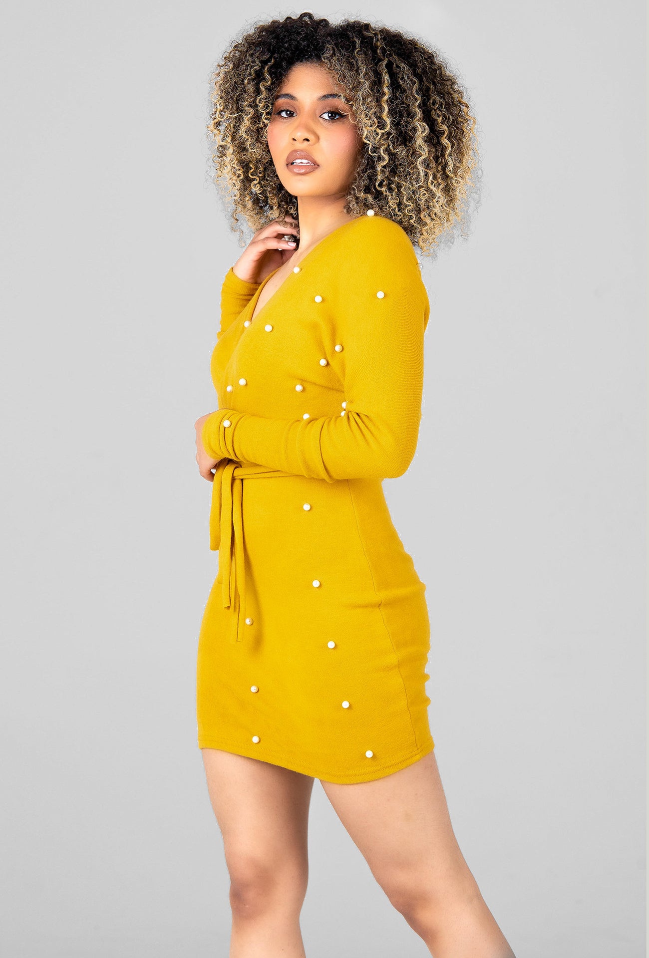 PEARL EMBELLISHED JUMPER DRESS - MUSTARD