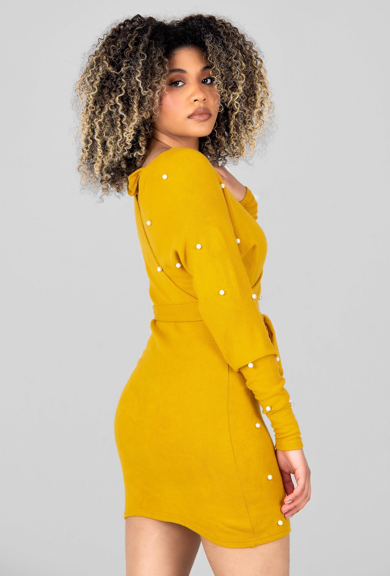 PEARL EMBELLISHED JUMPER DRESS - MUSTARD