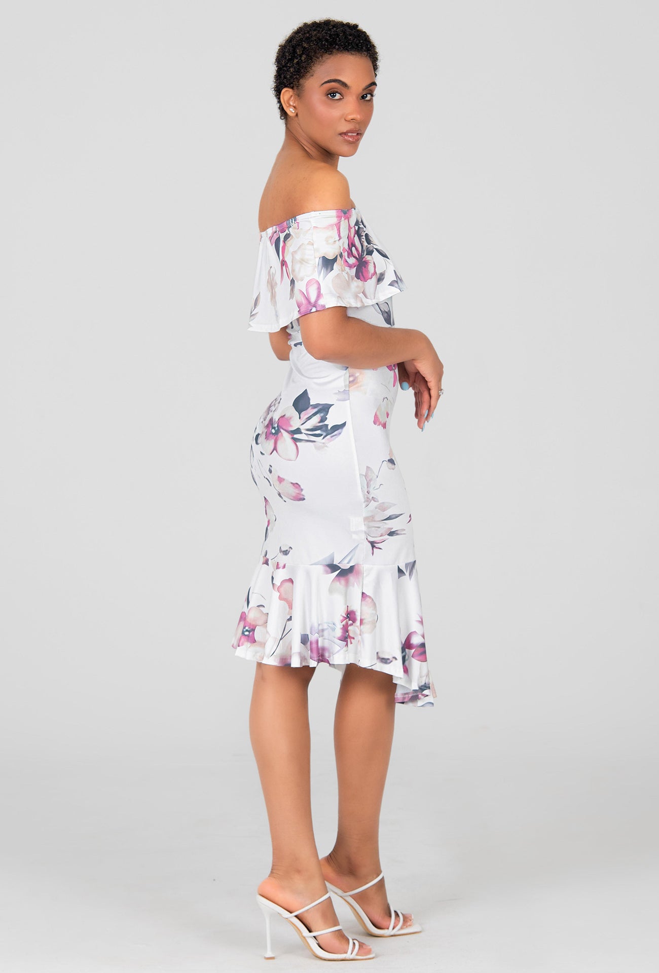 MERMAID FLORAL BARDOT DRESS - WHITE