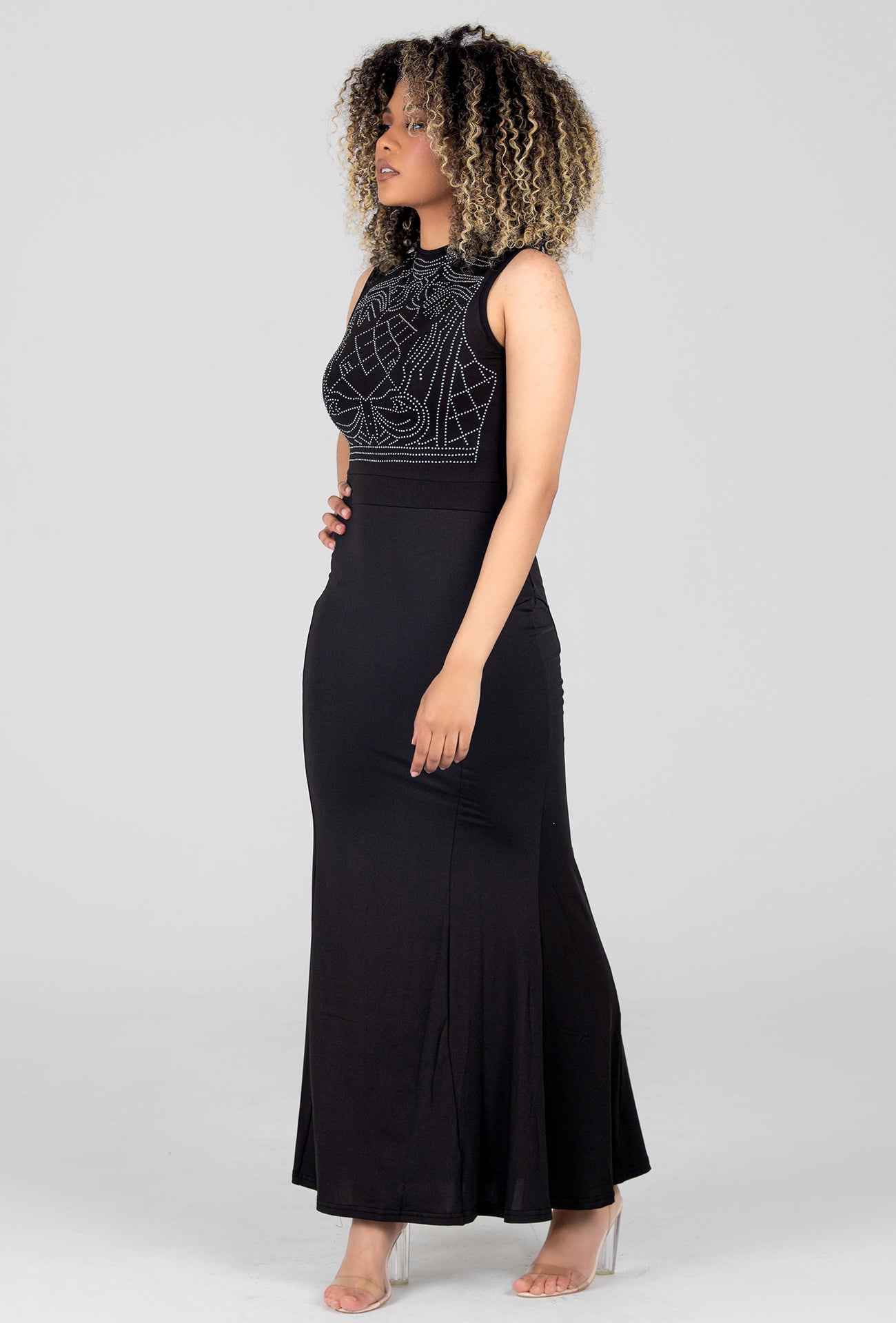 RAVEN PEARL EMBELLISHED MAXI DRESS - BLACK