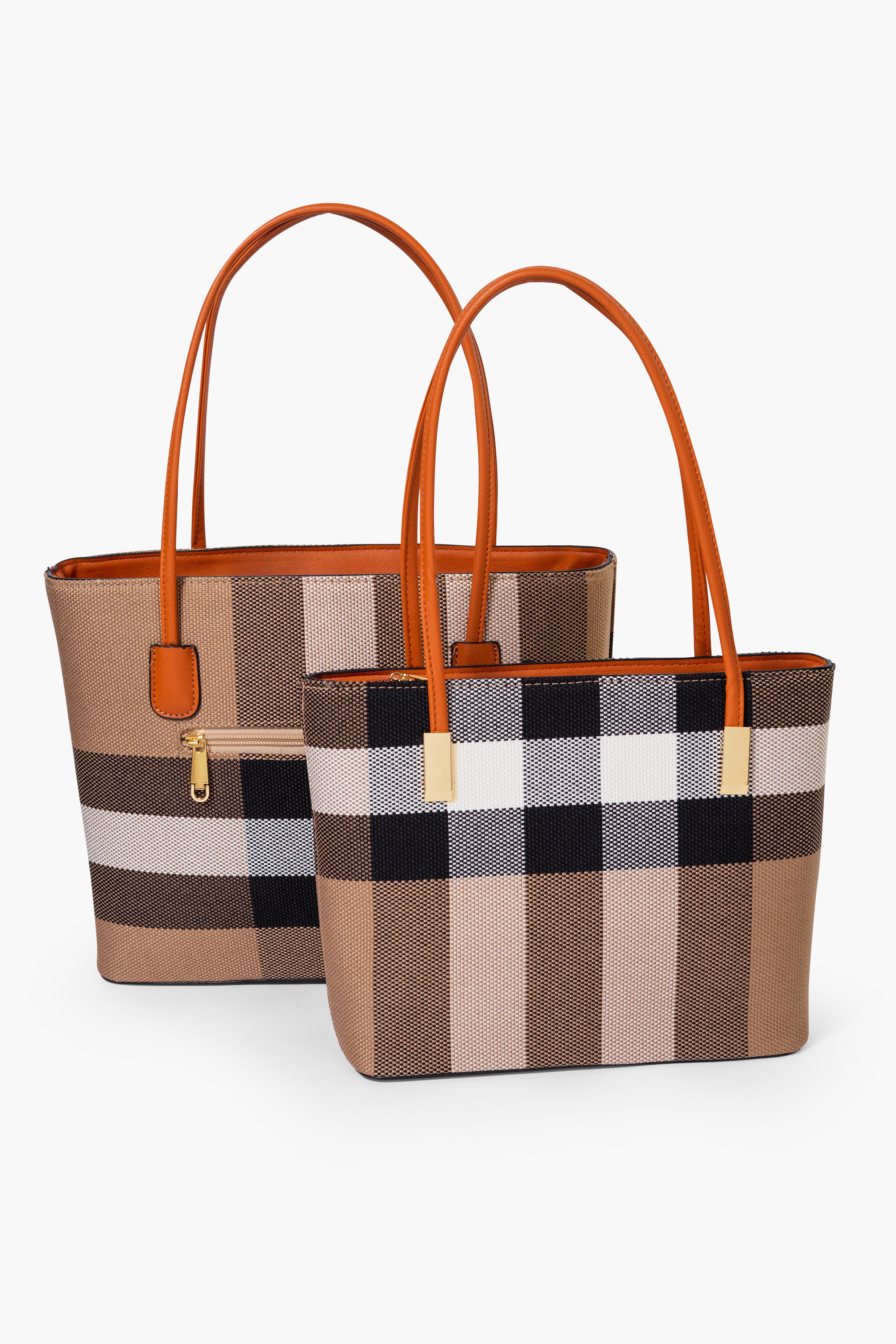 MADRA CHECK TOTE BAG SET - BROWN