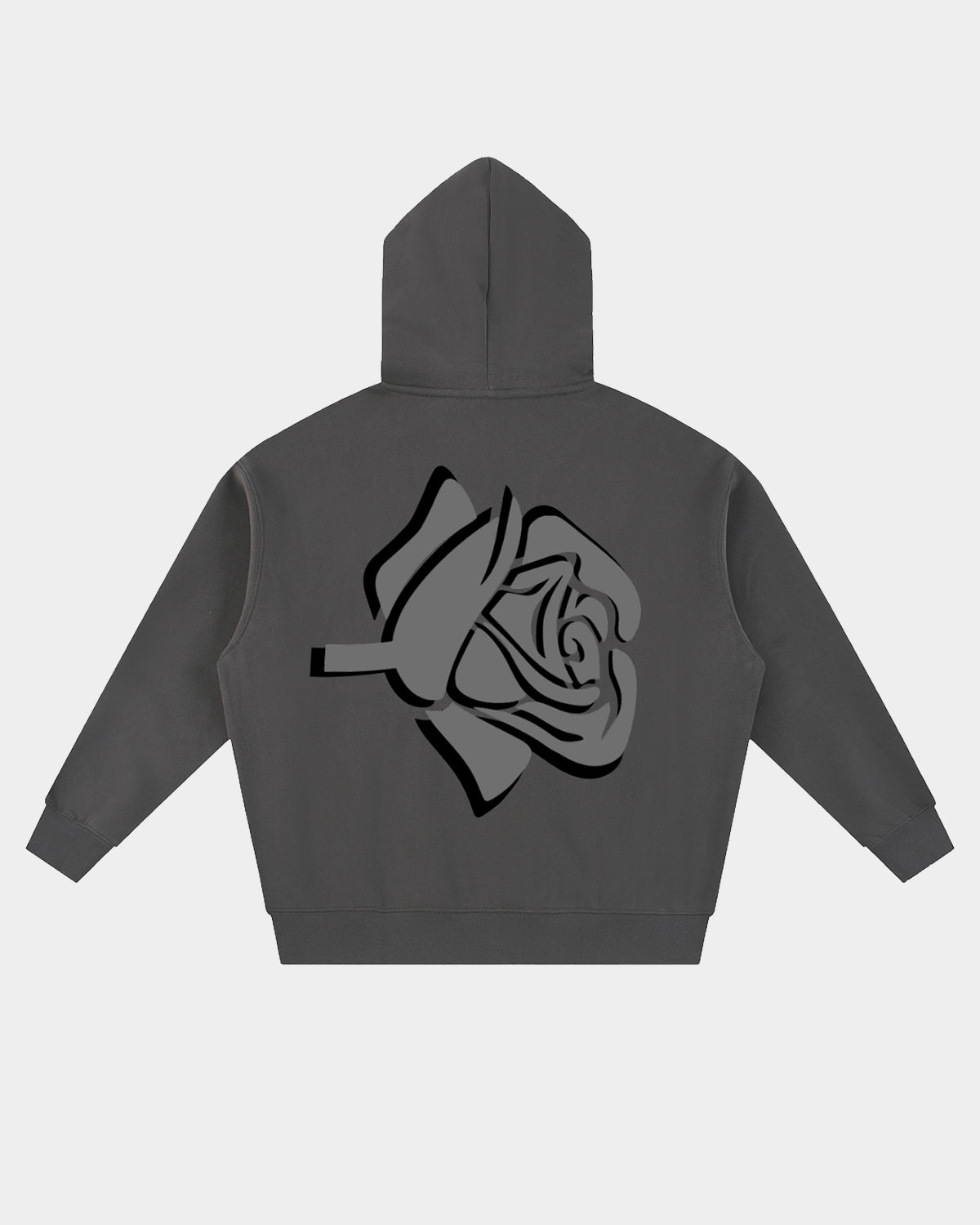 Luna Soul Back view Unisex Inner Soul Zip Hoodie Graphite Shadow dark grey dual zip streetwear with large stylised rose graphic design. 345gsm