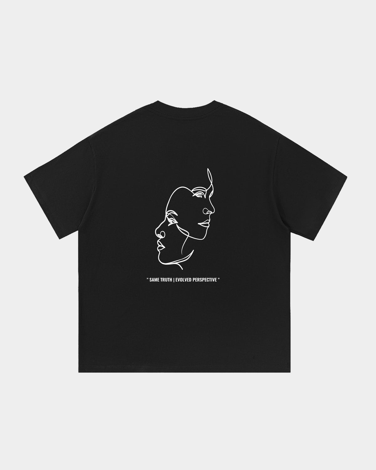 Luna Soul Black Unisex Same Truth Tee, 260gsm heavyweight with a minimal front view, featuring an art design of two faces intertwining in white Same Truth Evolved Perspective quote print. Made from cotton fabric, and perfect for streetwear. Close-up detail of high crew neckline and premium mid-weight black cotton fabric.