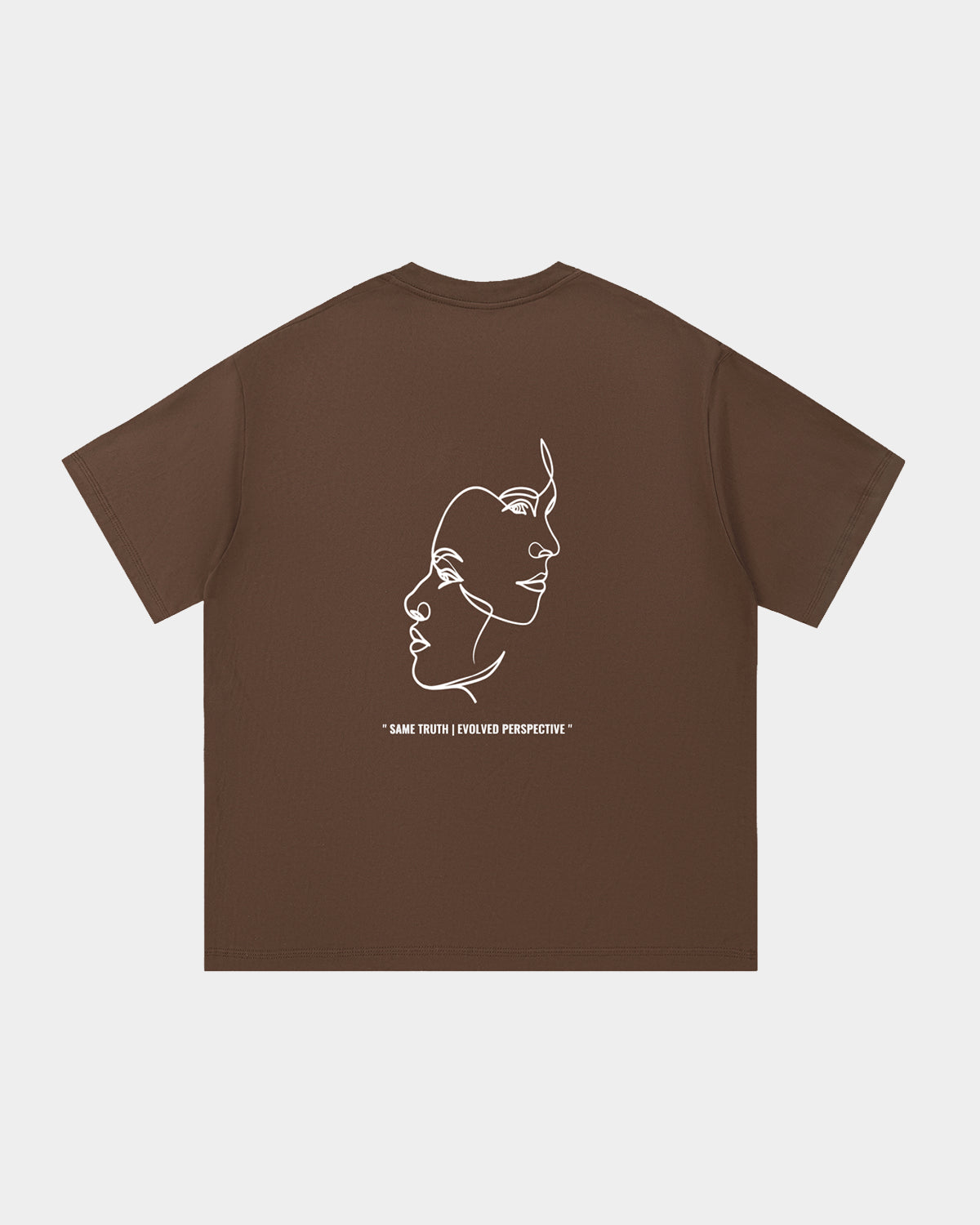 Luna Soul Brown Unisex Same Truth Tee, 260gsm heavyweight with a minimal front view, featuring an art design of two faces intertwining in white Same Truth Evolved Perspective quote print. Made from cotton fabric, and perfect for streetwear. Close-up detail of high crew neckline and premium mid-weight brown cotton fabric.