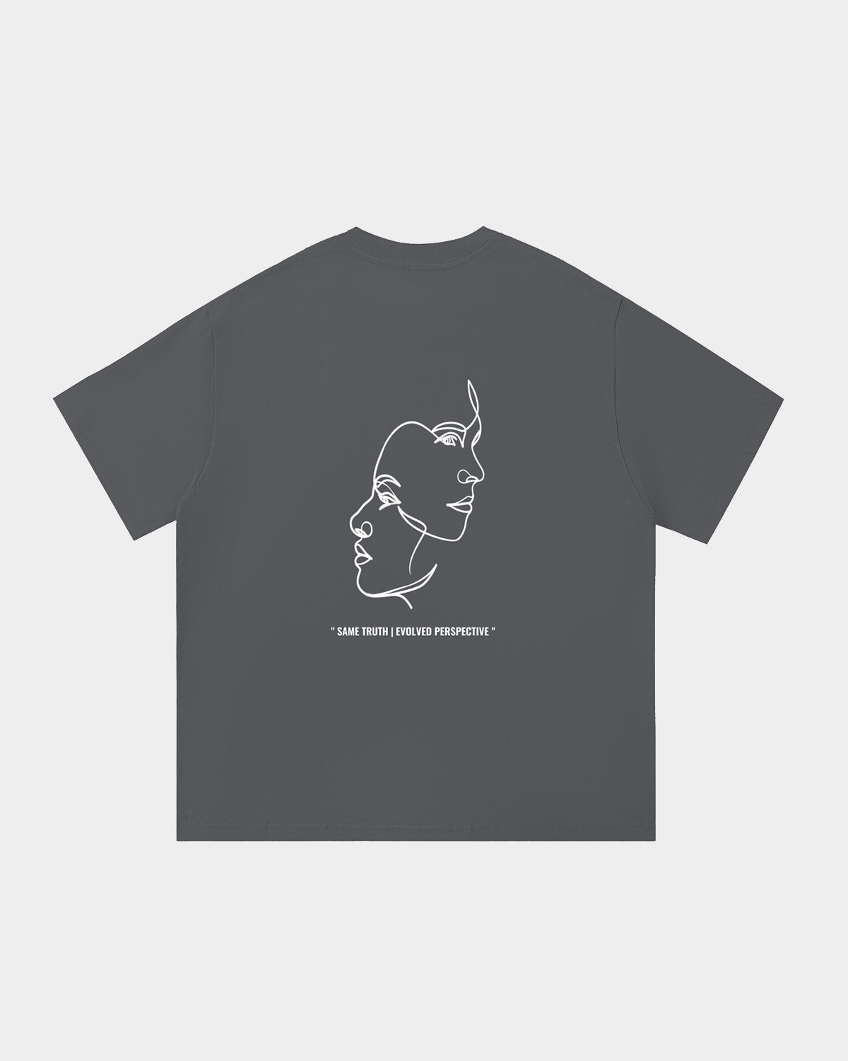 Luna Soul Grey Unisex Same Truth Tee, 260gsm heavyweight with a minimal front view, featuring an art design of two faces intertwining in white Same Truth Evolved Perspective quote print. Made from cotton fabric, and perfect for streetwear. Close-up detail of high crew neckline and premium mid-weight grey cotton fabric.