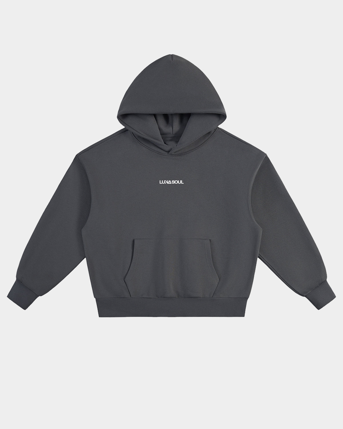 Luna Soul Unisex Unapologetic Hoodie Graphite Shadow 500gsm heavyweight with minimal front view, small print white logo on a white background, cotton fleece fabric texture.