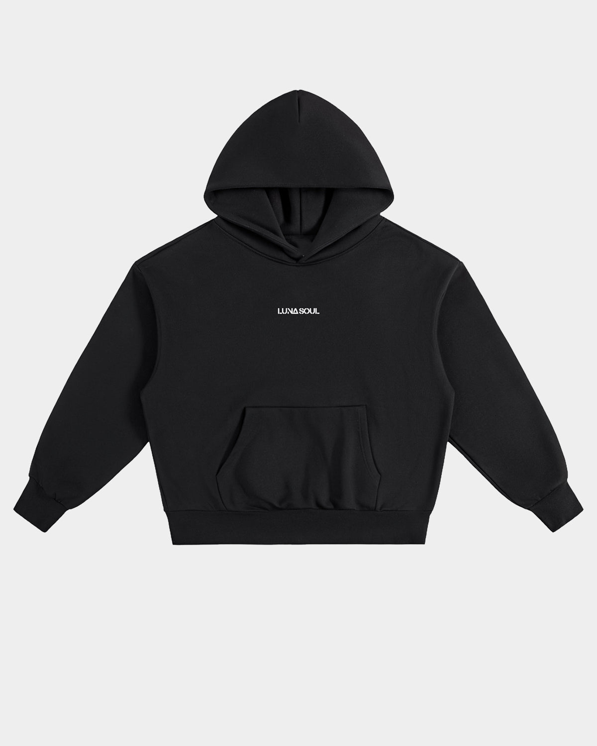 Luna Soul Unisex Unapologetic Hoodie Onyx Black 500gsm heavyweight with minimal front view, small print white logo on a white background, cotton fleece fabric texture.