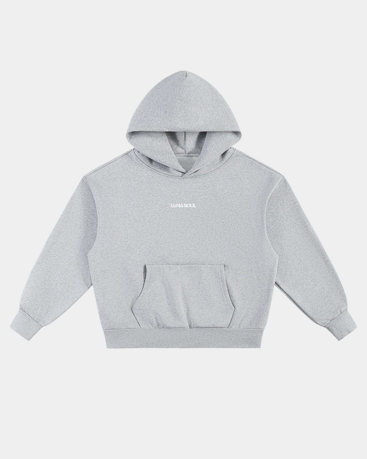 Luna Soul Unisex Unapologetic Hoodie Stone Melange 500gsm heavyweight with minimal front view, small print white logo on a white background, cotton fleece fabric texture.