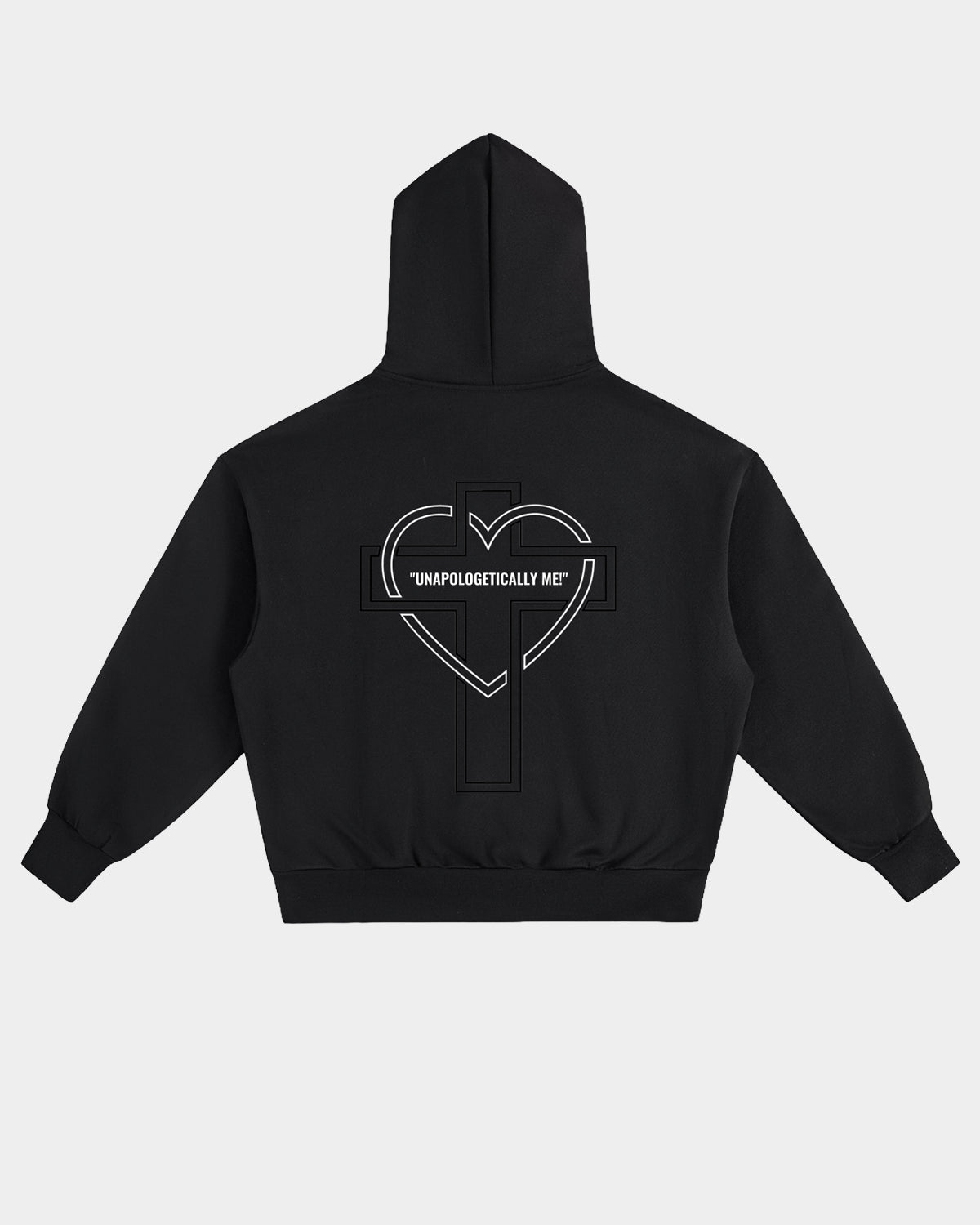 Luna Soul Unapologetic Unisex 500gsm heavyweight hoodie with white geometric heart cross print, Black, cotton fleece fabric texture.