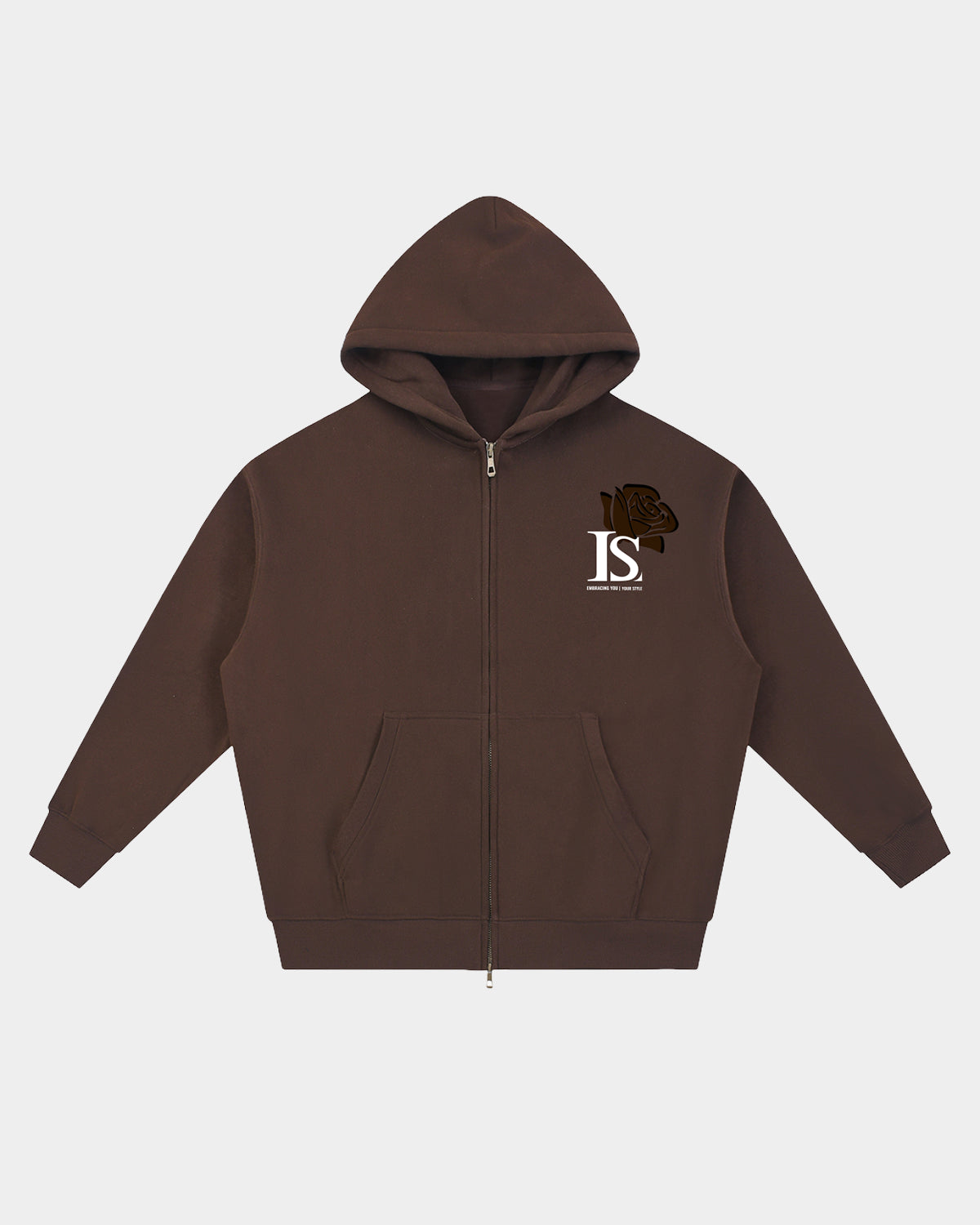 Luna Soul Unisex Inner Soul Zip Hoodie Earth Mocha brown dual zip streetwear with large stylised rose graphic design. 345gsm