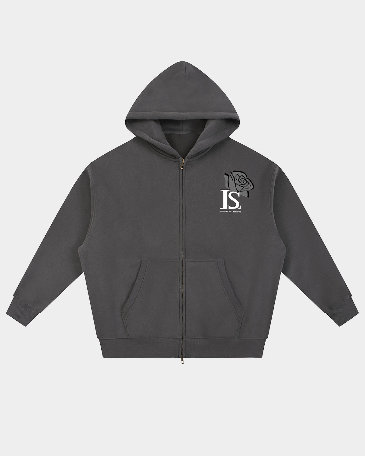Luna Soul Unisex Inner Soul Zip Hoodie Graphite Shadow dark grey dual zip streetwear with large stylised rose graphic design. 345gsm
