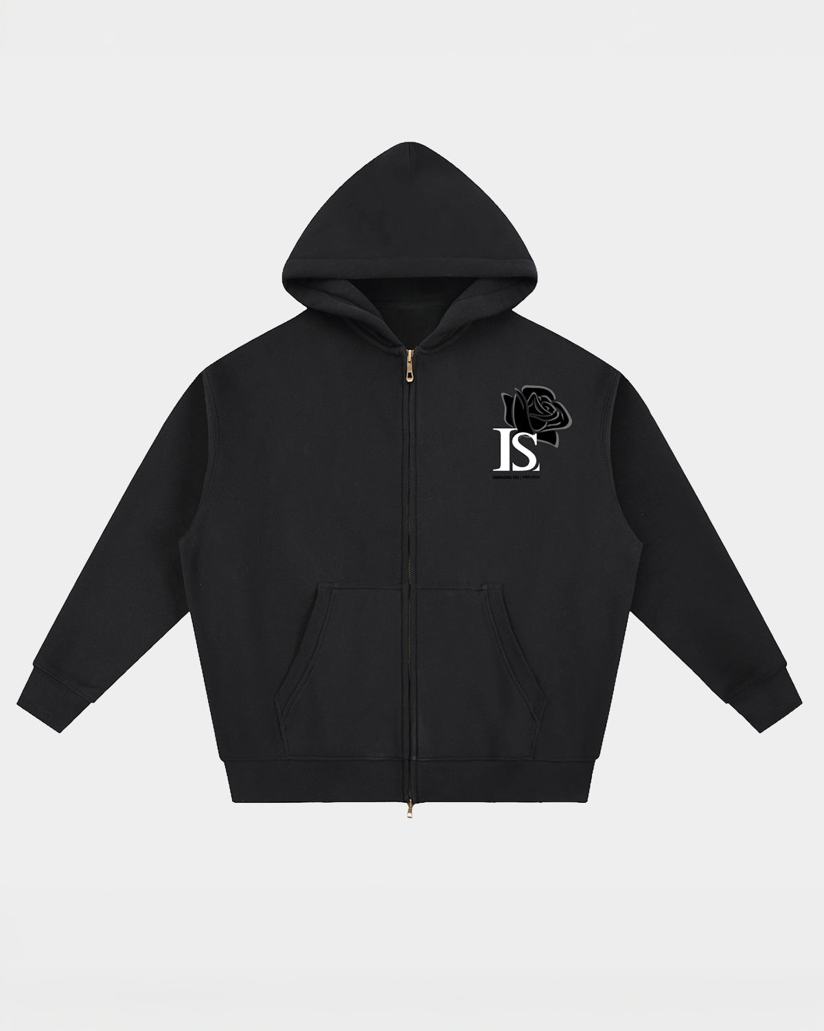 Luna Soul Unisex Inner Soul Zip Hoodie Onyx Black dual zip streetwear with large stylised rose graphic design. 345gsm