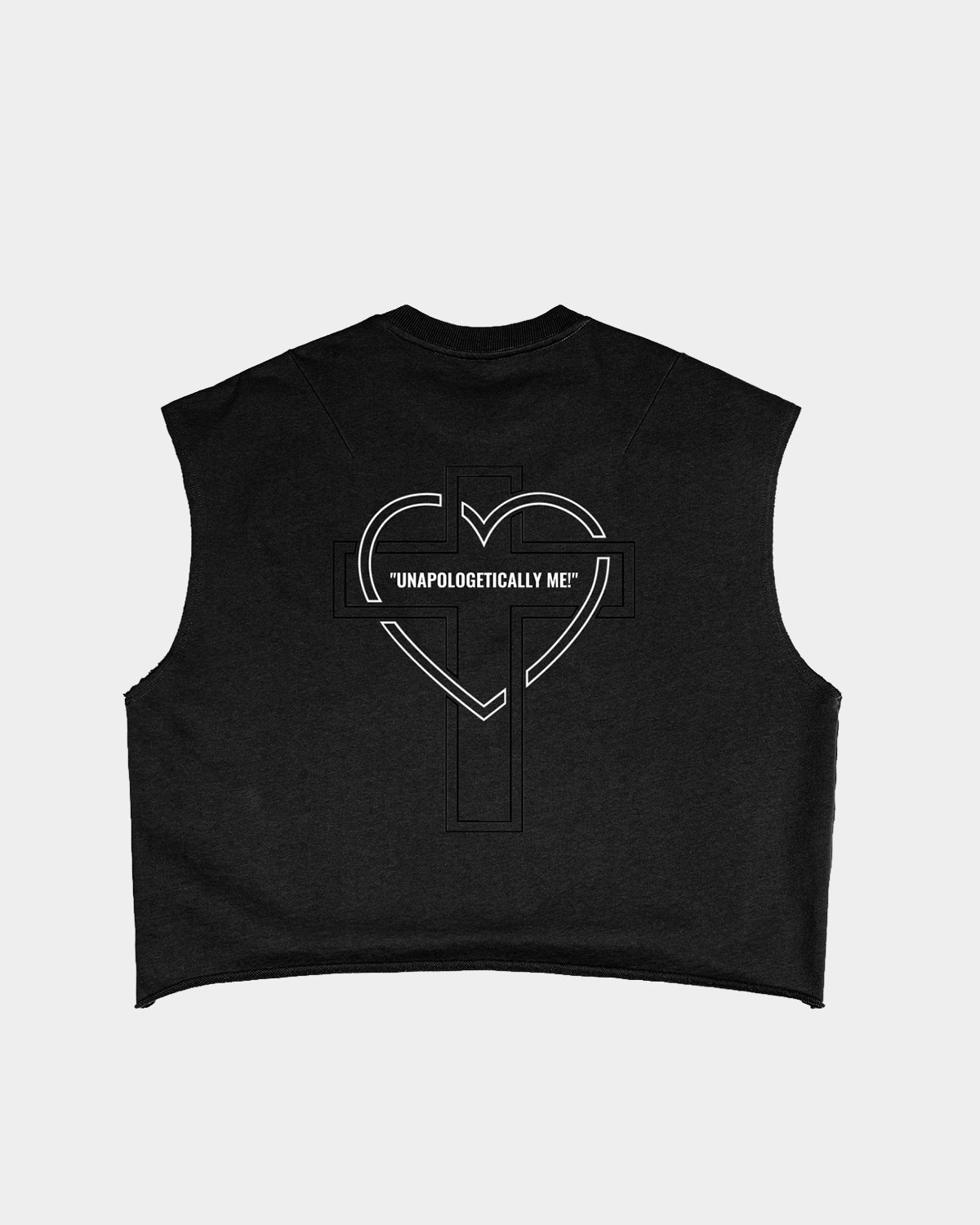 Luna Soul Unisex Unapologetic Boxy Tank top structured fit unisex Night black 340gsm heavyweight back view with white geometric heart cross print. cotton fleece fabric texture. Close-up detail of high crew neckline and premium mid-weight black cotton fabric.