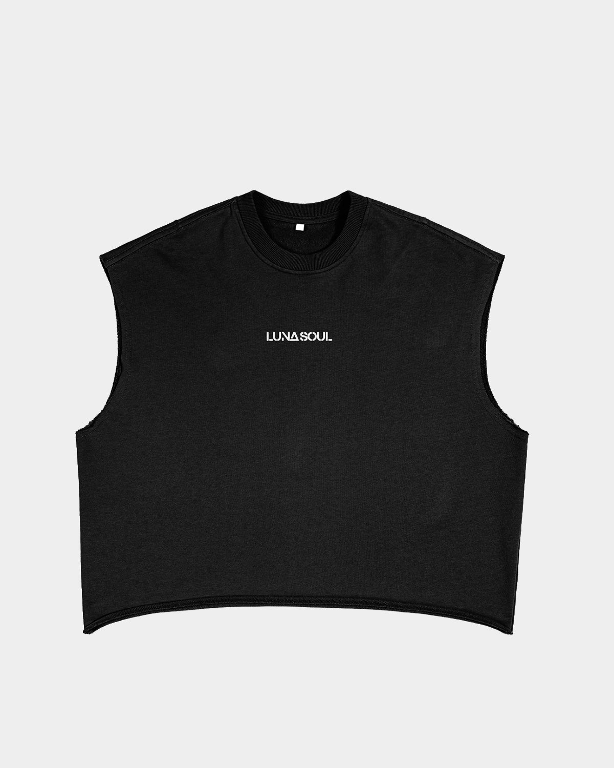 Luna Soul Unisex Unapologetic Boxy Tank top structured fit unisex Night black 340gsm heavyweight with minimal front view, small print white logo on a white background, cotton fleece fabric texture. Close-up detail of high crew neckline and premium mid-weight black cotton fabric.