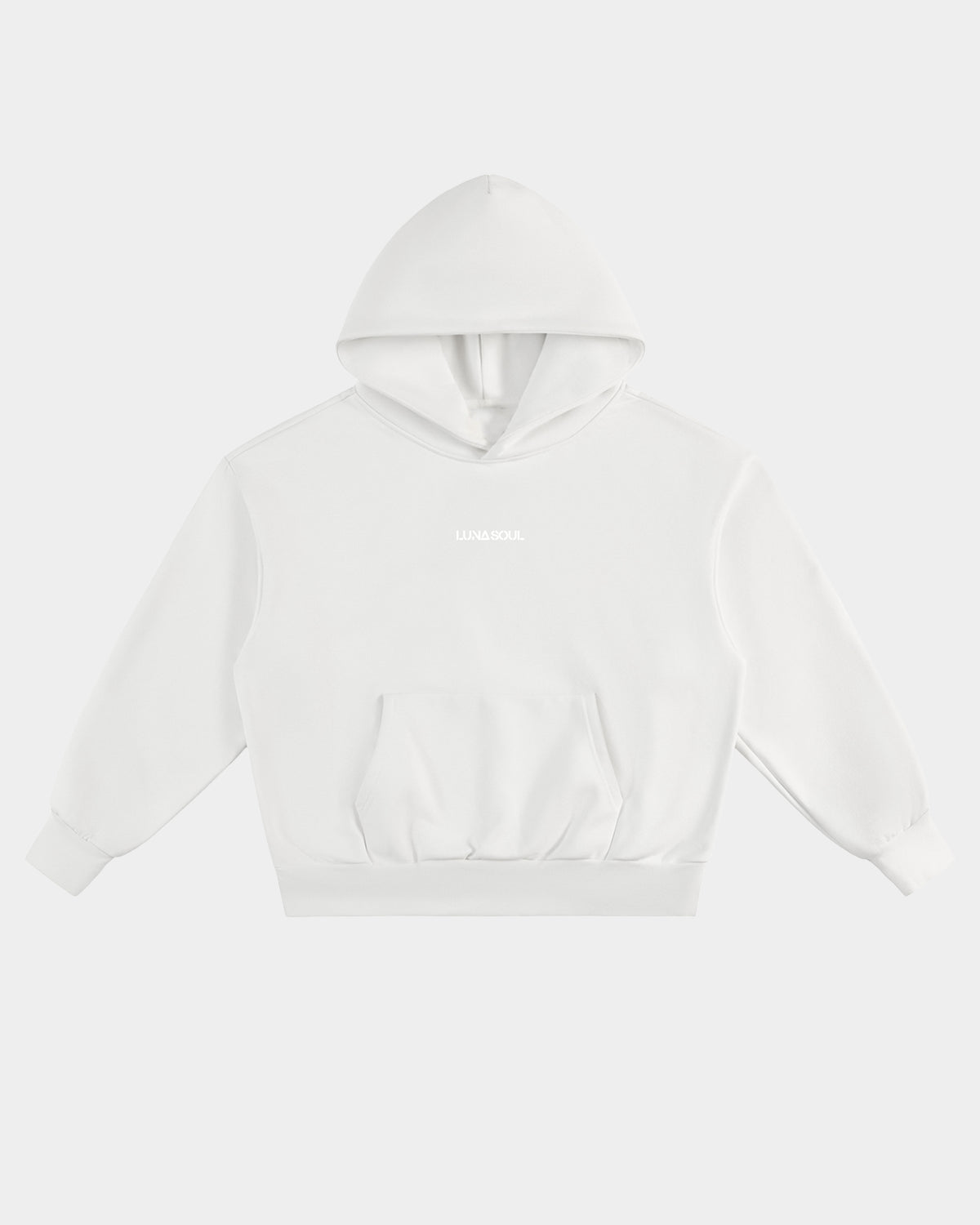 Luna Soul Unisex Unapologetic Hoodie Pure White 500gsm heavyweight with minimal front view, small print white logo on a white background, cotton fleece fabric texture.