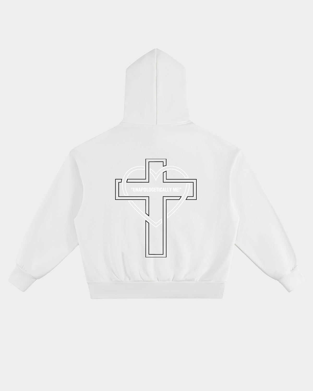 Luna Soul Unisex Unapologetic Hoodie Pure White 500gsm heavyweight with white geometric heart cross print back view, small print white logo on a white background, cotton fleece fabric texture.