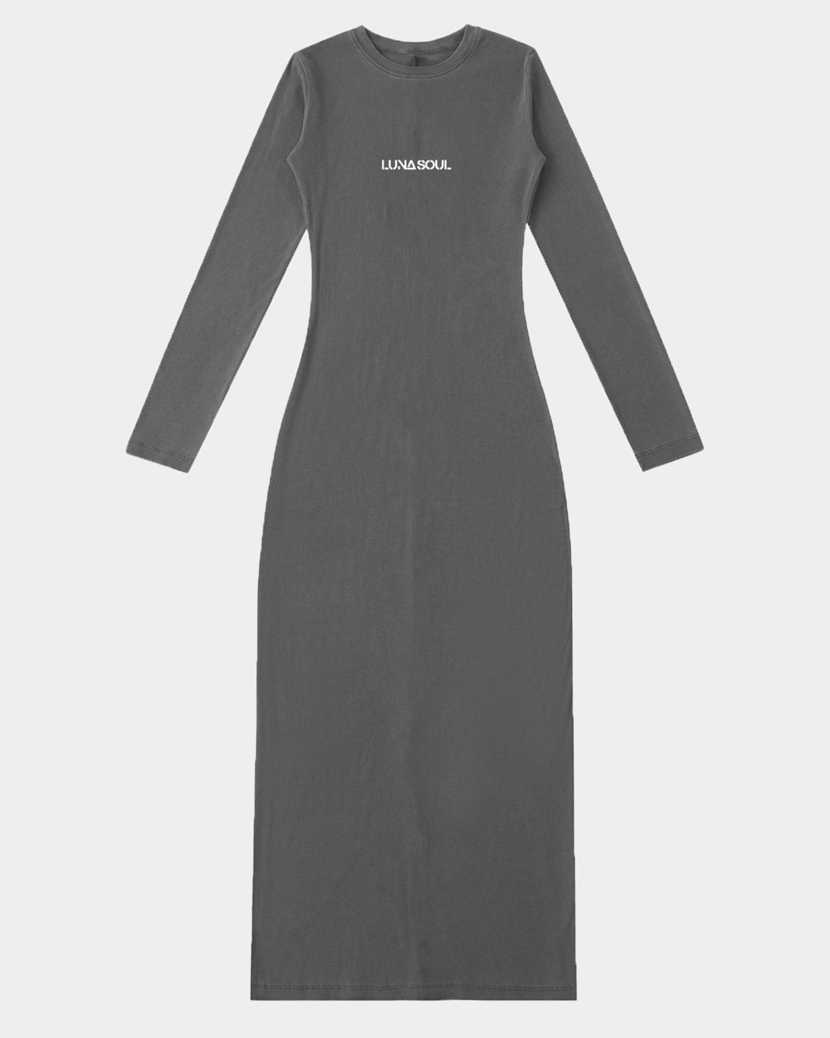 The Quiet Muse Maxi Dress by Luna Soul is a long-sleeve bodycon maxi dress in dark grey featuring a minimalist, discreet LUNA SOUL primary logo, placed with restraint to preserve the clean silhouette and uninterrupted lines of the dress. 275gsm