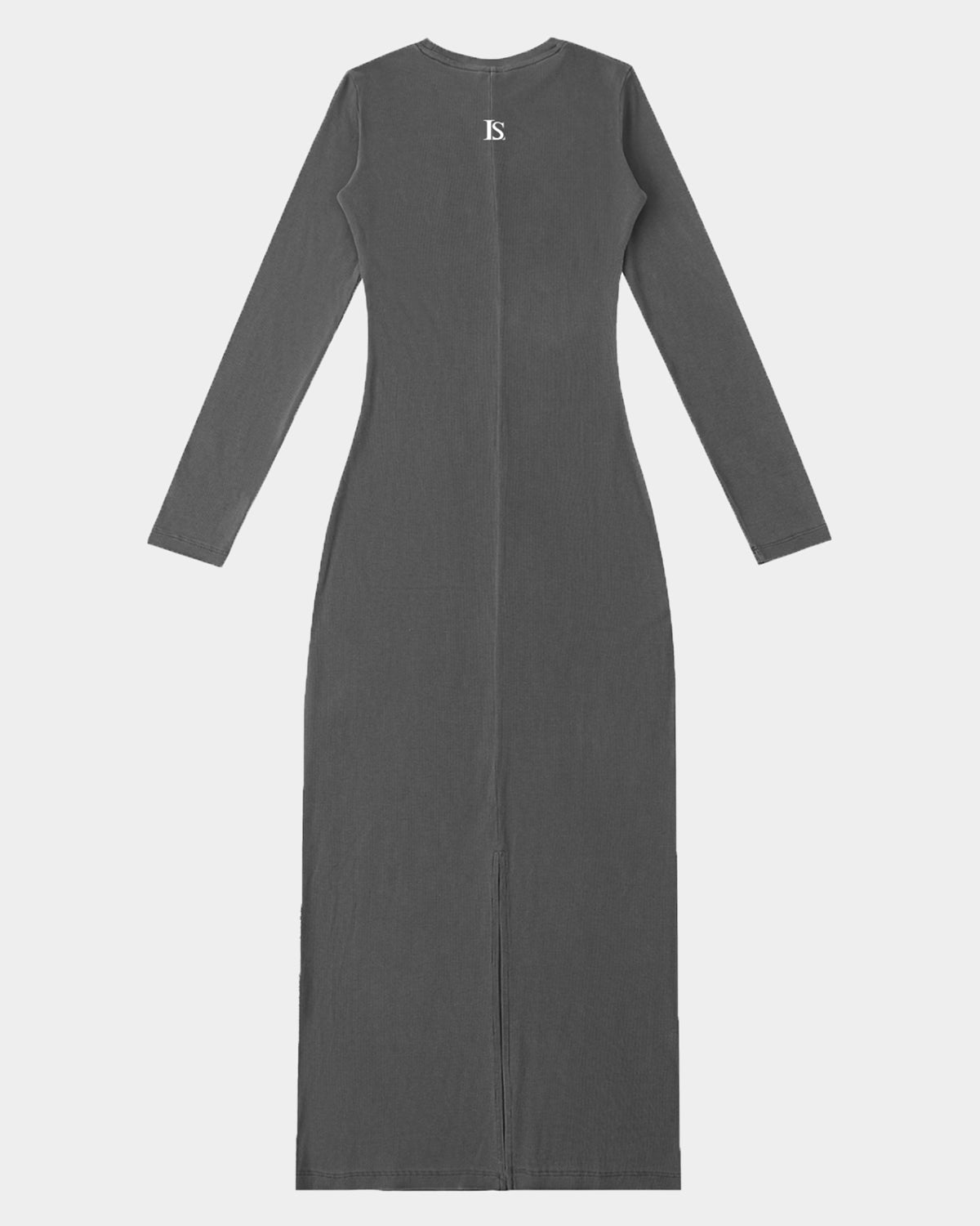 The Quiet Muse Maxi Dress by Luna Soul is a long-sleeve bodycon maxi dress in dark grey featuring the LS monogram and a streamlined bodycon fit. 275gsm