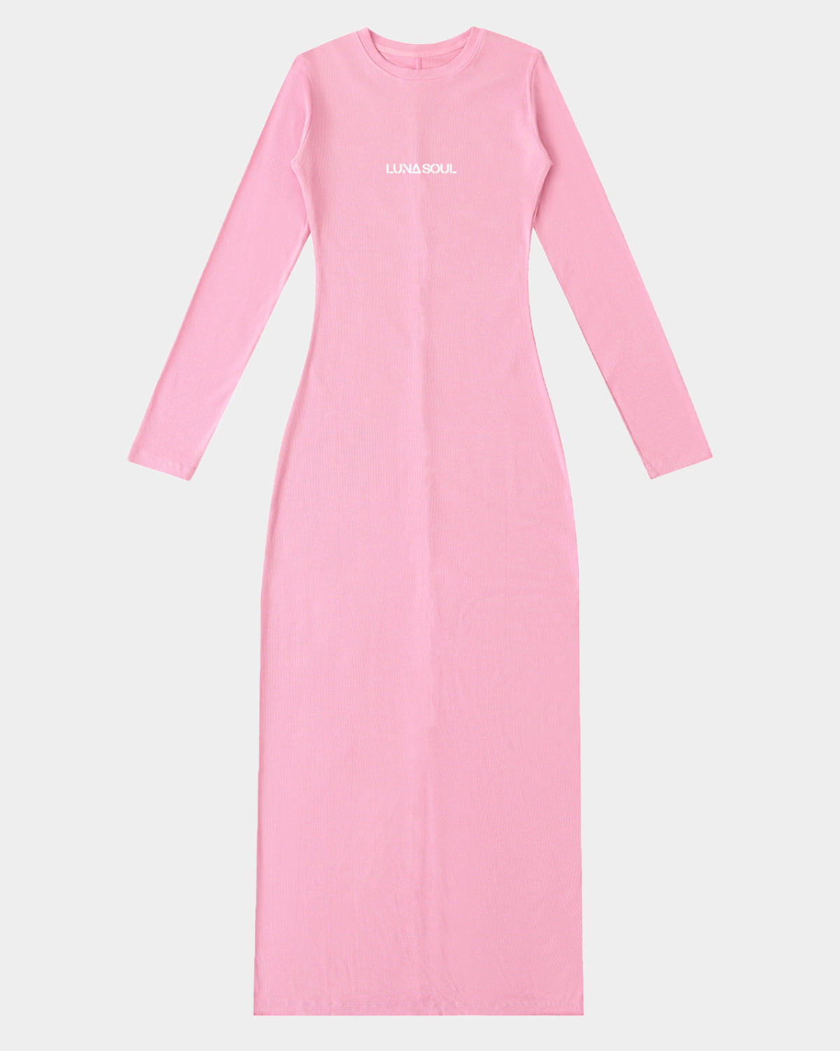 The Quiet Muse Maxi Dress by Luna Soul is a long-sleeve bodycon maxi dress in pink featuring a minimalist, discreet LUNA SOUL primary logo, placed with restraint to preserve the clean silhouette and uninterrupted lines of the dress. 275gsm
