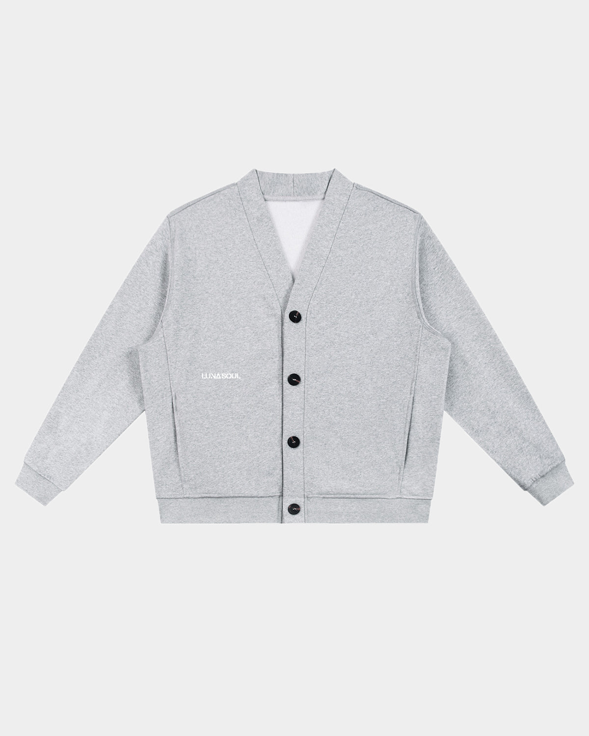 Luna Soul Same Truth Cardigan front view heavyweight black streetwear. Close-up detail of heavyweight grey 450gsm cotton fabric texture and premium matte buttons.