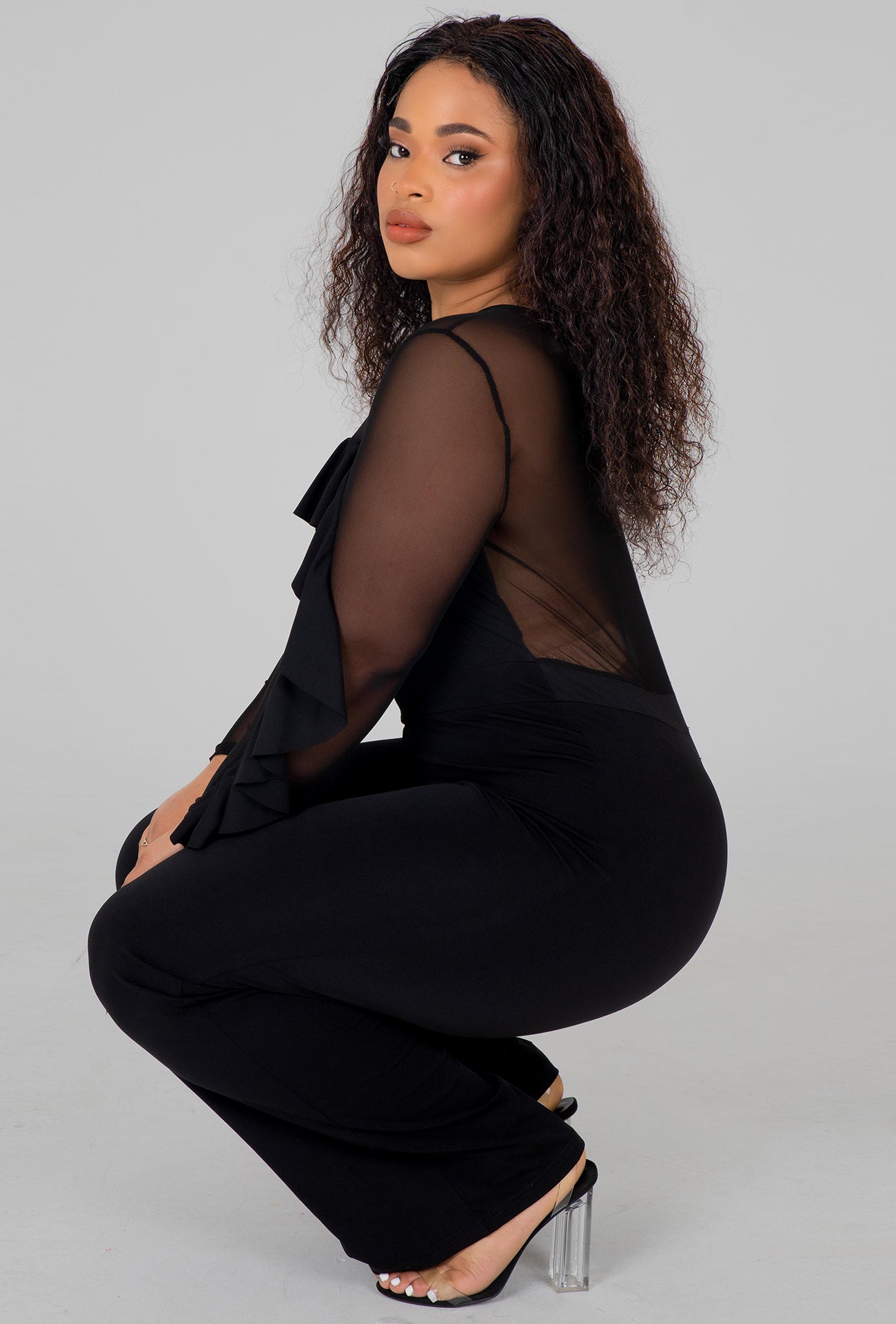 MESH PATCHWORK JUMPSUIT - BLACK